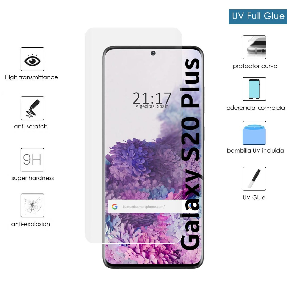 Telefono con protezione schermo. Mostra ora e data, marchio Galaxy S20 Plus, sfondo bianco.