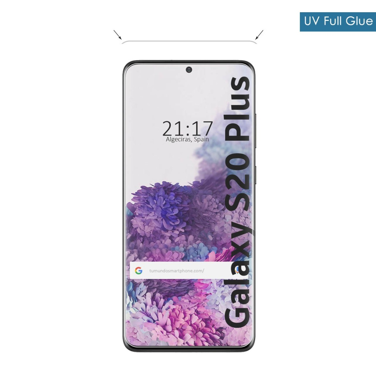 Uno smartphone mostra ora, Algeciras, Spagna, e una barra di ricerca Google. Testo Galaxy S20 Plus visibile.