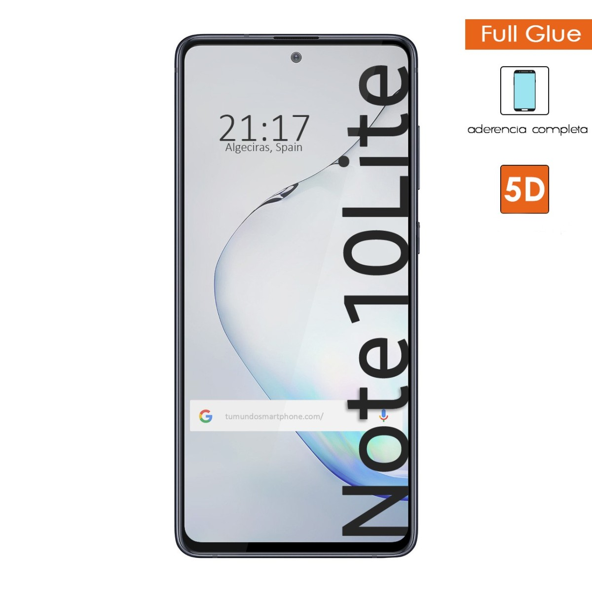 Schermo di smartphone con ora, data e testo 'Note10 Lite'. Pellicola protettiva e testo aggiuntivo.