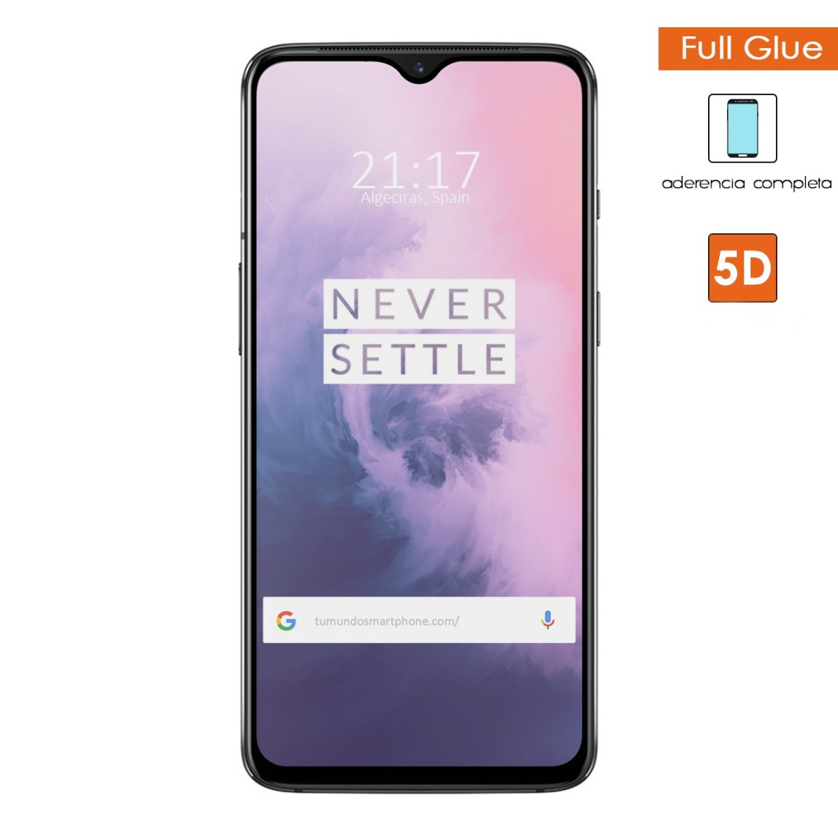 Un smartphone negro muestra una pantalla con texto, barra de búsqueda y un fondo colorido.