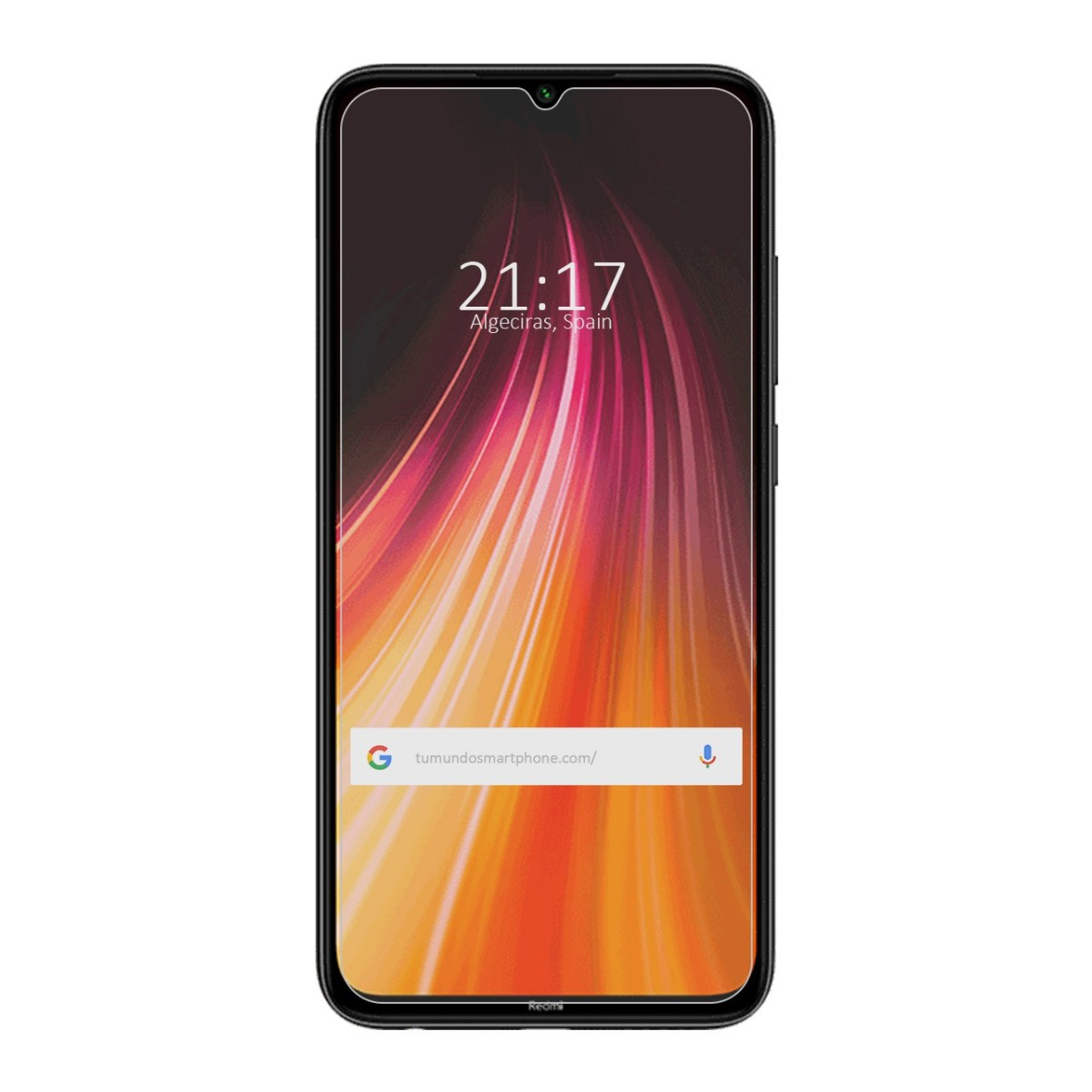 Telefono nero che mostra ora e data, con sfondo arancione e rosso. Il telefono è Redmi.