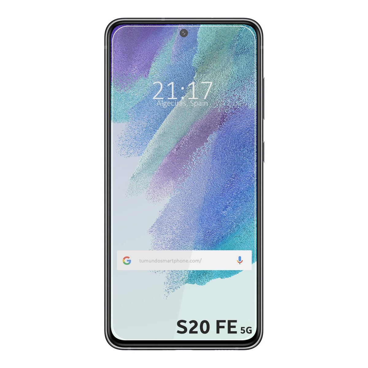 Telefono nero che mostra ora e data, su sfondo blu e viola. Il modello del telefono è S20 FE 5G.
