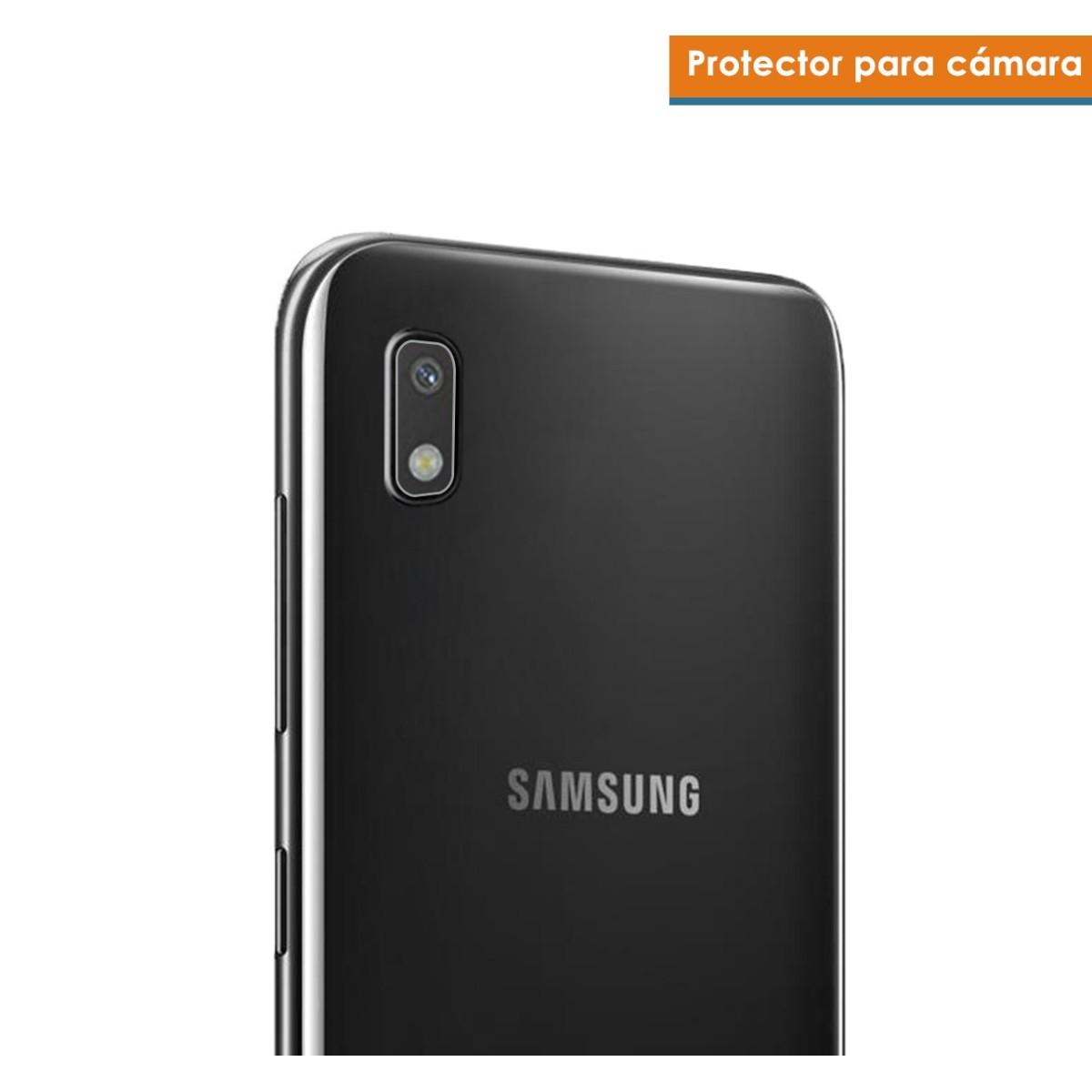 Parte trasera de teléfono negro con logo Samsung y cámara. Texto 'Protector' sobre la cámara.