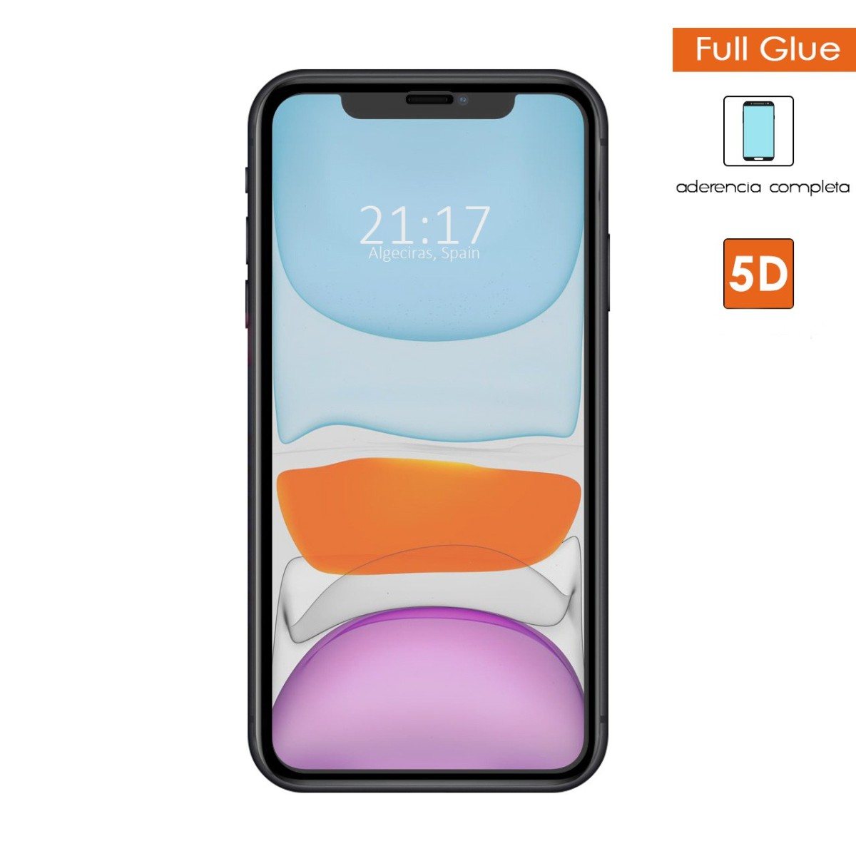 Uno schermo di smartphone con una protezione per lo schermo. Lo schermo mostra uno sfondo con l'ora e le icone.
