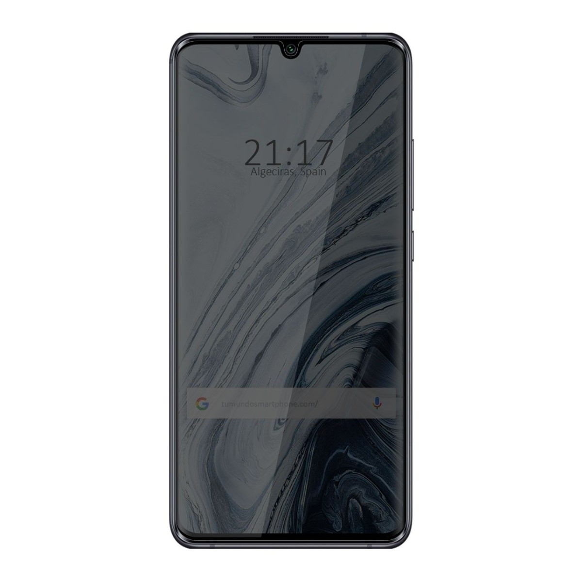 La pantalla del teléfono muestra la hora y la fecha. La hora visible es 21:17. El fondo está borroso.
