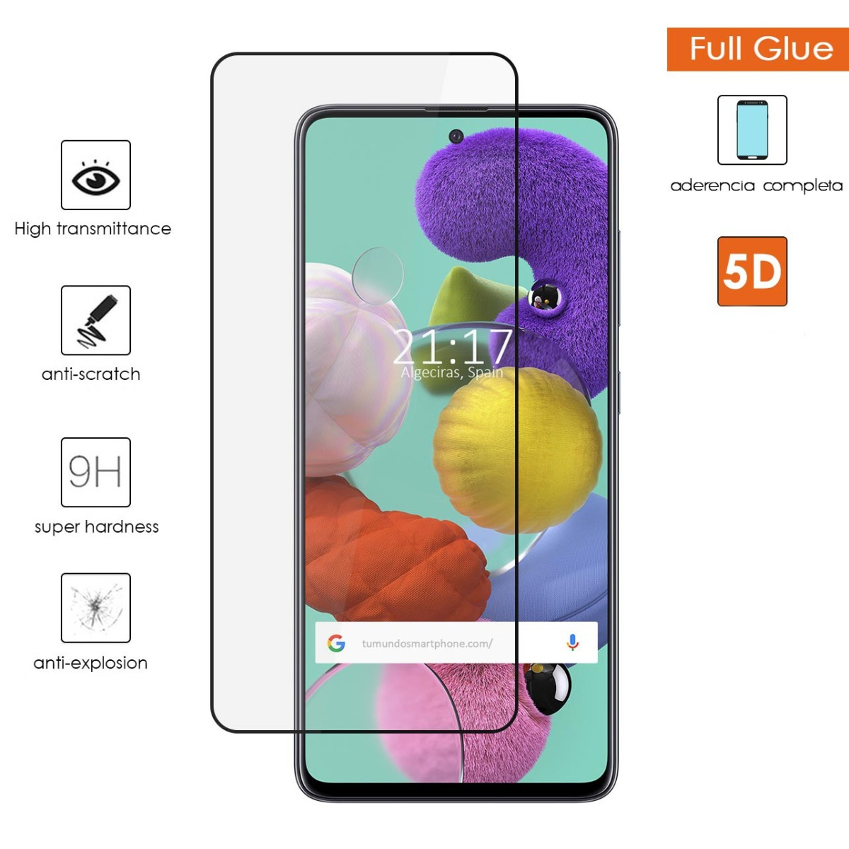 Smartphone con protezione schermo, mostra ora, luogo e varie icone.