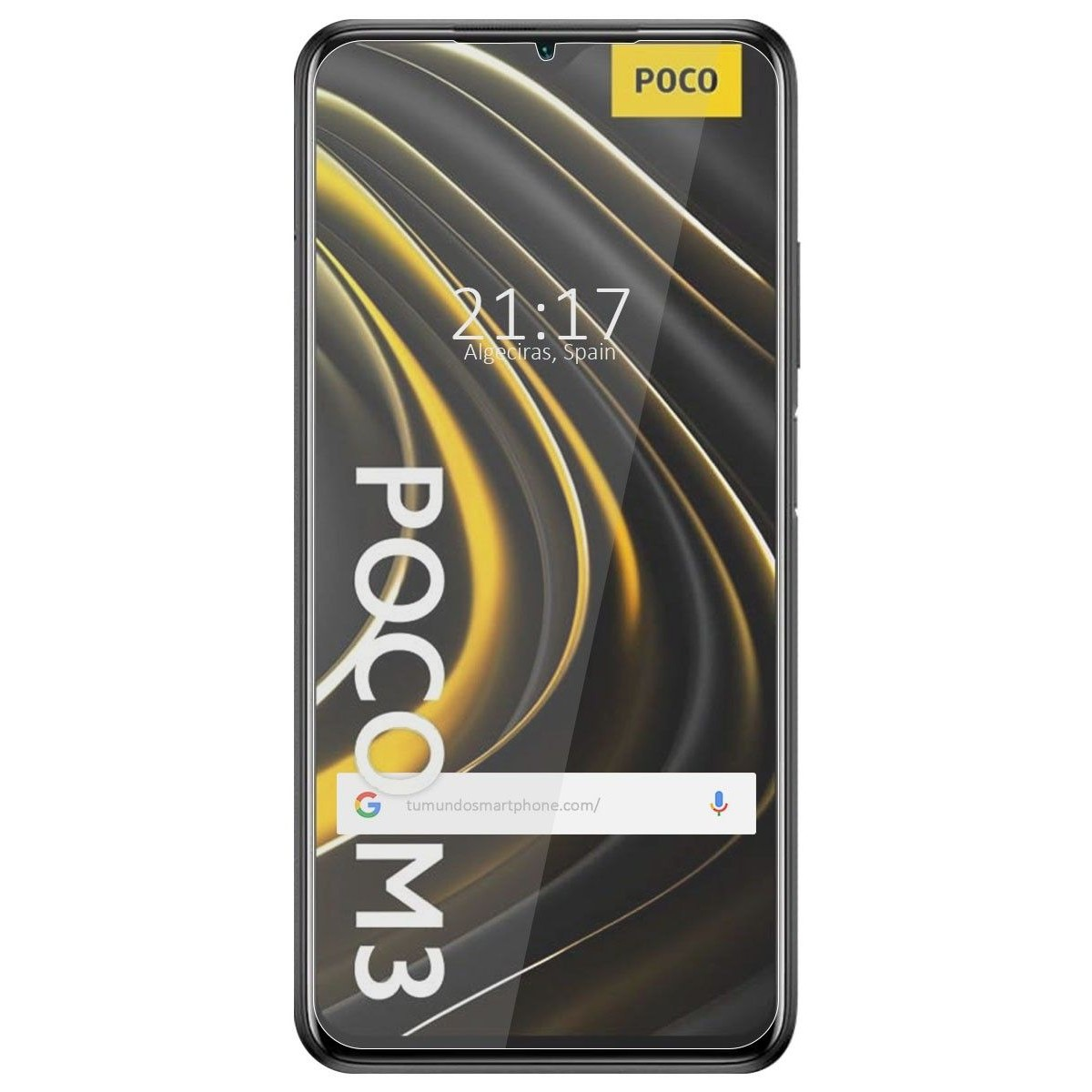 Smartphone che mostra ora, città e sito web. Lo schermo ha un design giallo e nero. Il telefono ha il testo Poco M3.