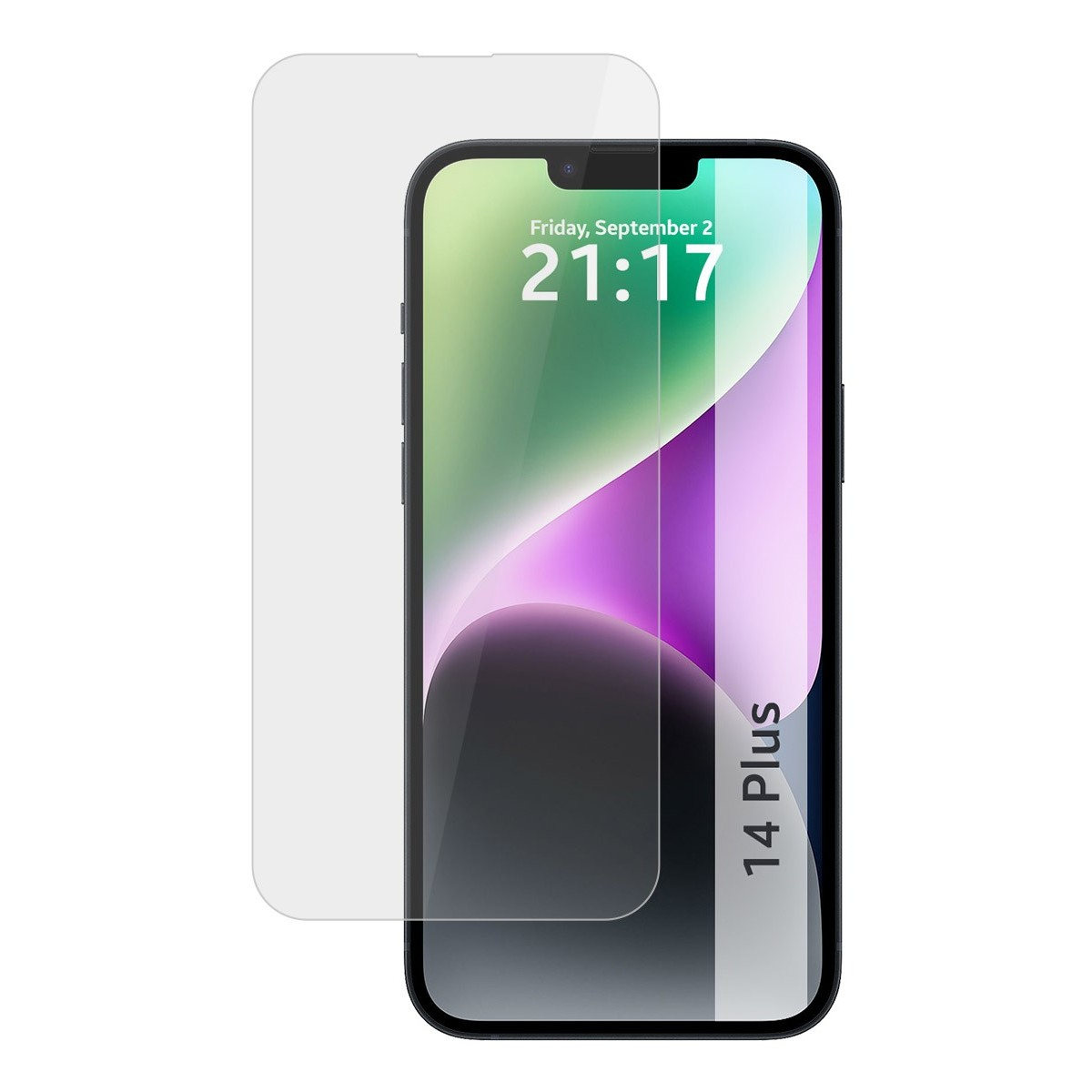 Schermo del telefono con protezione. Ora: 21:17. Testo: 14 Plus. Lo schermo mostra design.