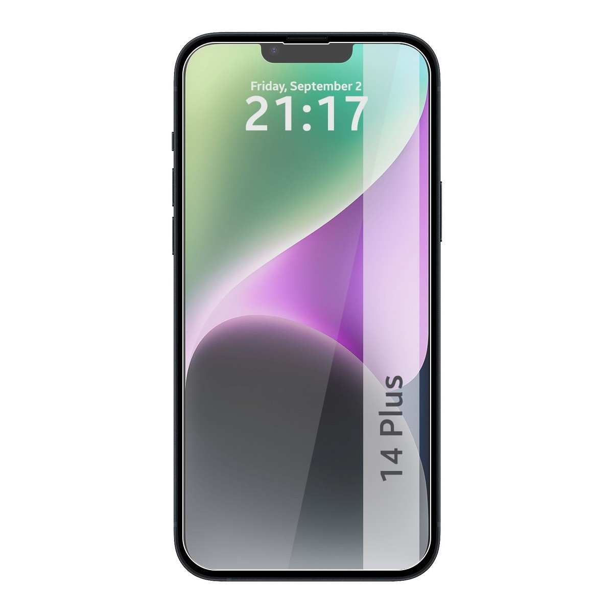 Lo smartphone mostra l'ora, la data e un sito web. Il telefono ha il testo "14 Plus".