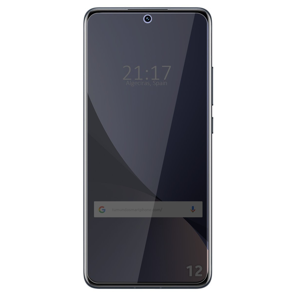 Lo schermo dello smartphone mostra ora e data. Il telefono mostra una barra di ricerca e il modello 12.