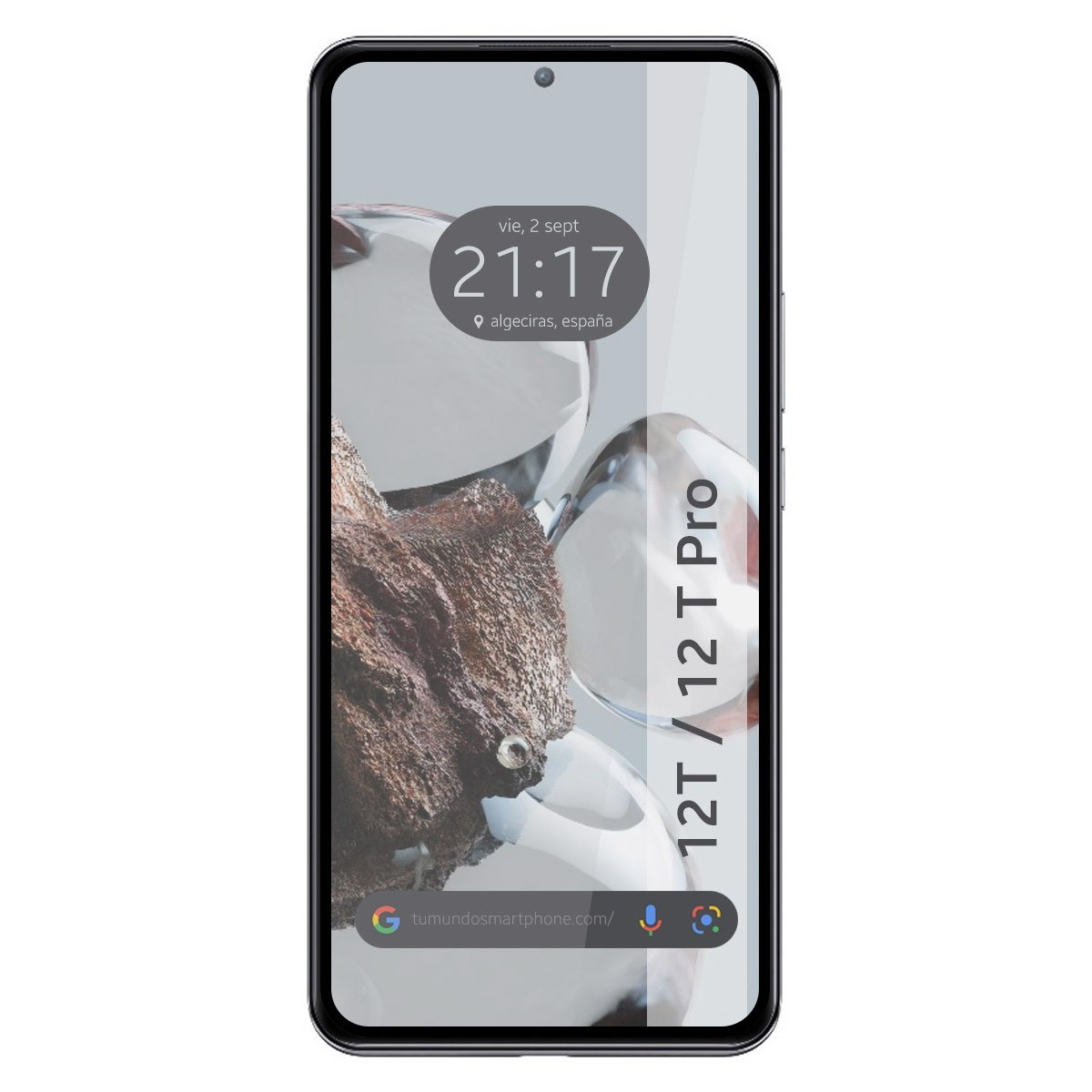 Uno smartphone con protezione schermo, che mostra l'ora e una barra di ricerca Google, etichettato 12T/12T Pro.