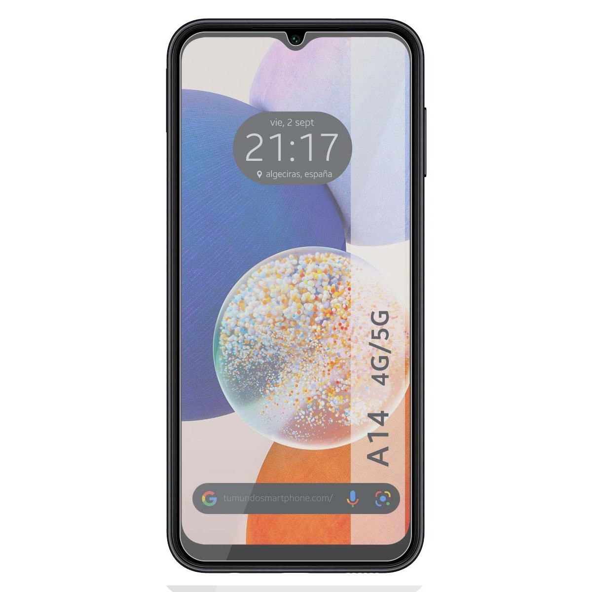 Telefono A14 4G/5G con schermo che mostra l'ora e il sito web. Sul telefono è presente una protezione schermo. Il testo A14 4G/5G è visibile.