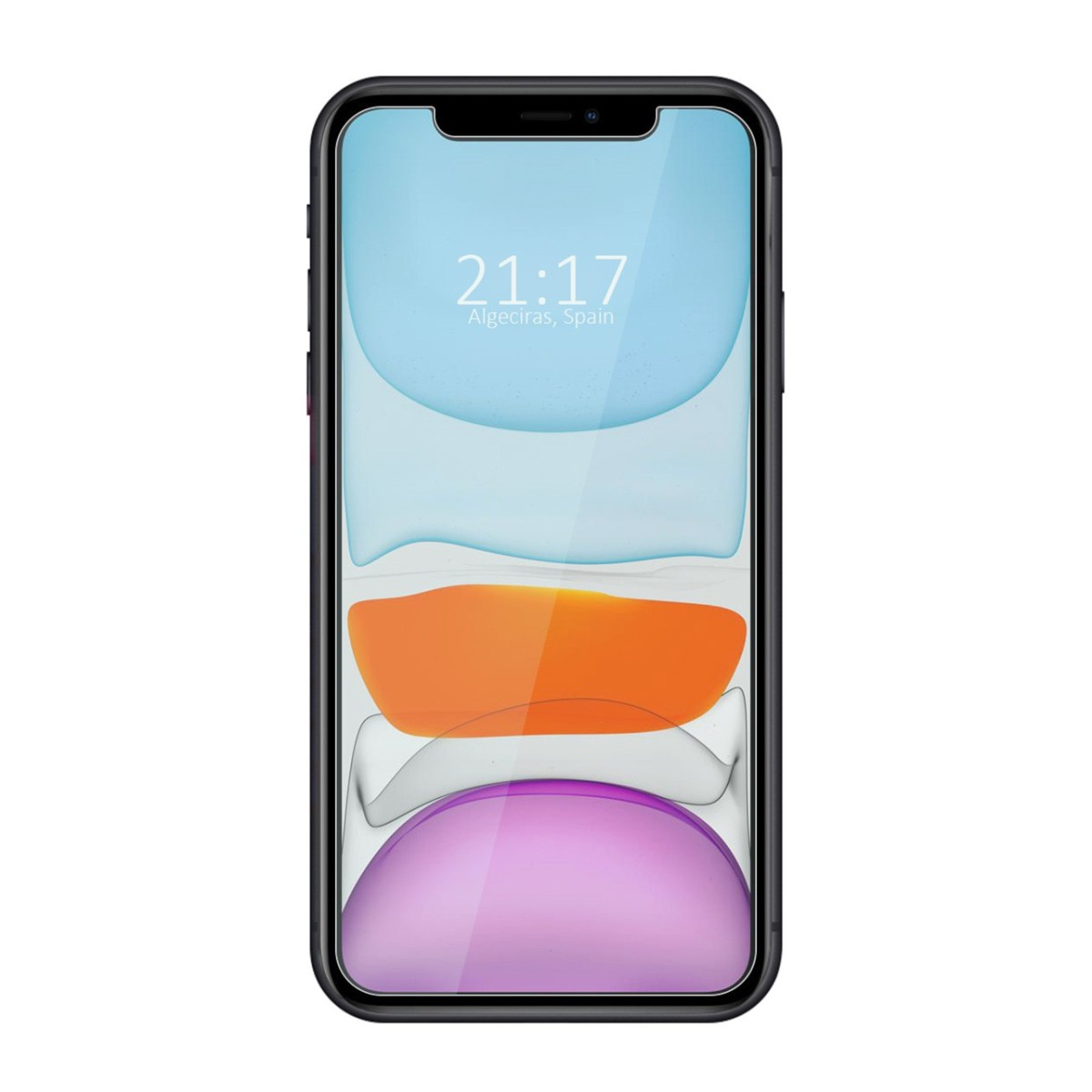 Un telefono che mostra ora, città e uno sfondo astratto colorato.