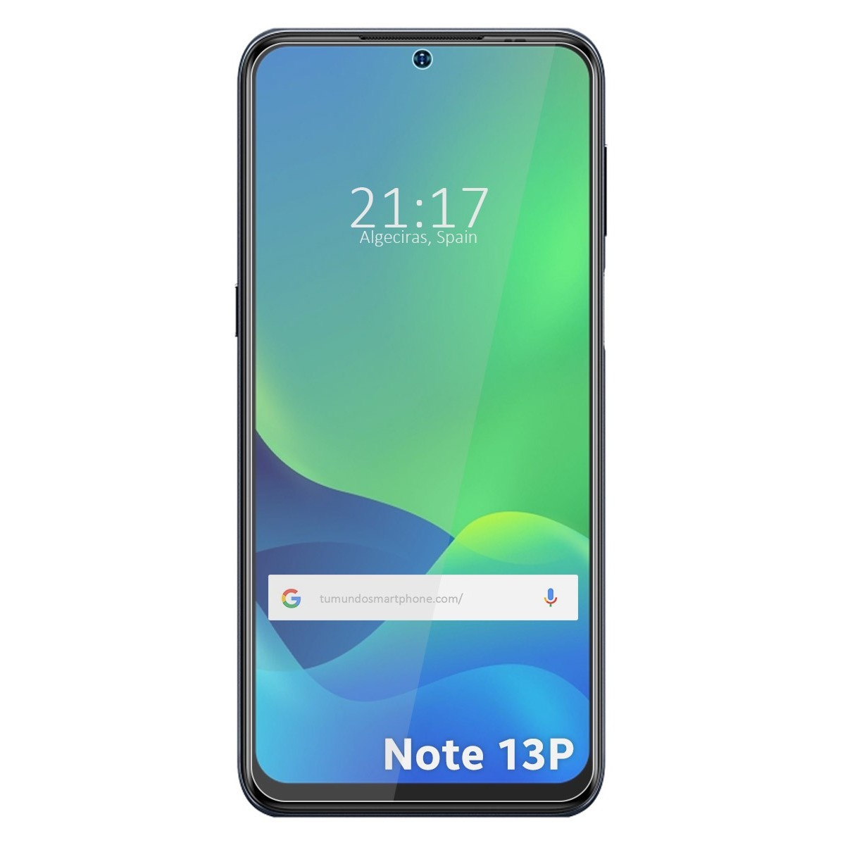 Pantalla de smartphone muestra hora, ciudad y barra de búsqueda con degradado verde y azul.