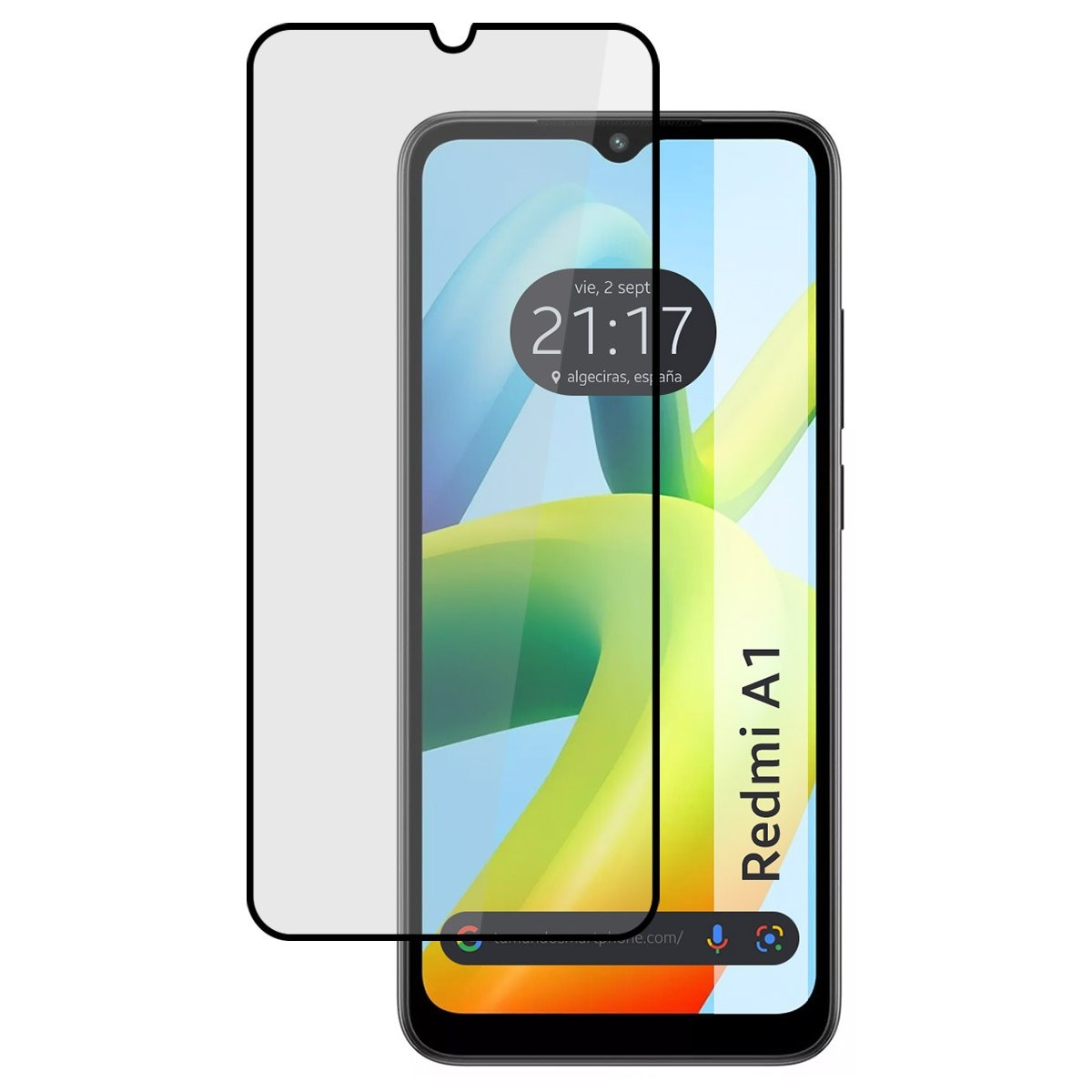 Telefono Redmi A1 con protezione schermo. Il telefono mostra ora e posizione. La protezione è trasparente.