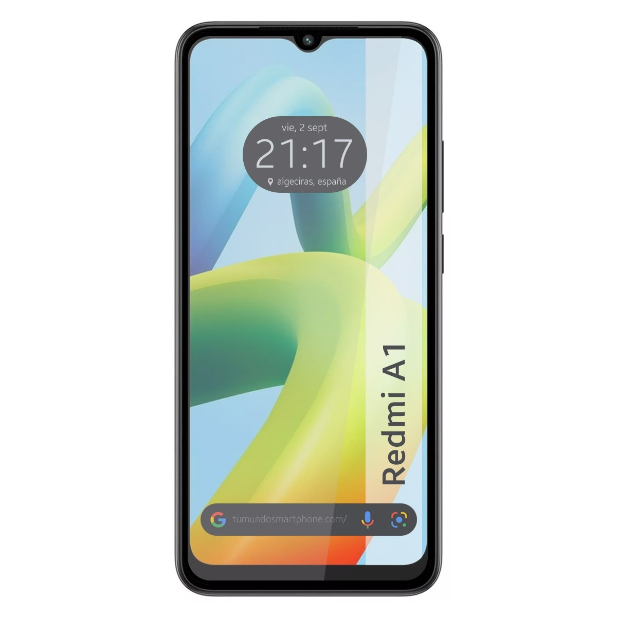 Smartphone con schermo che mostra l'ora e la data. Barra di ricerca di Google visibile. Nome del telefono visibile.