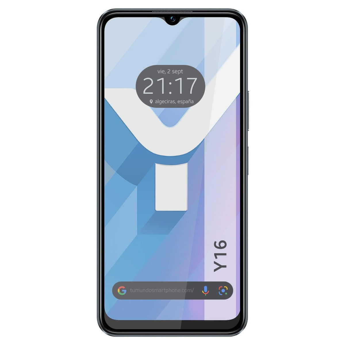 Smartphone che mostra 21:17 ad Algeciras, Spagna, con un design astratto bianco e blu.