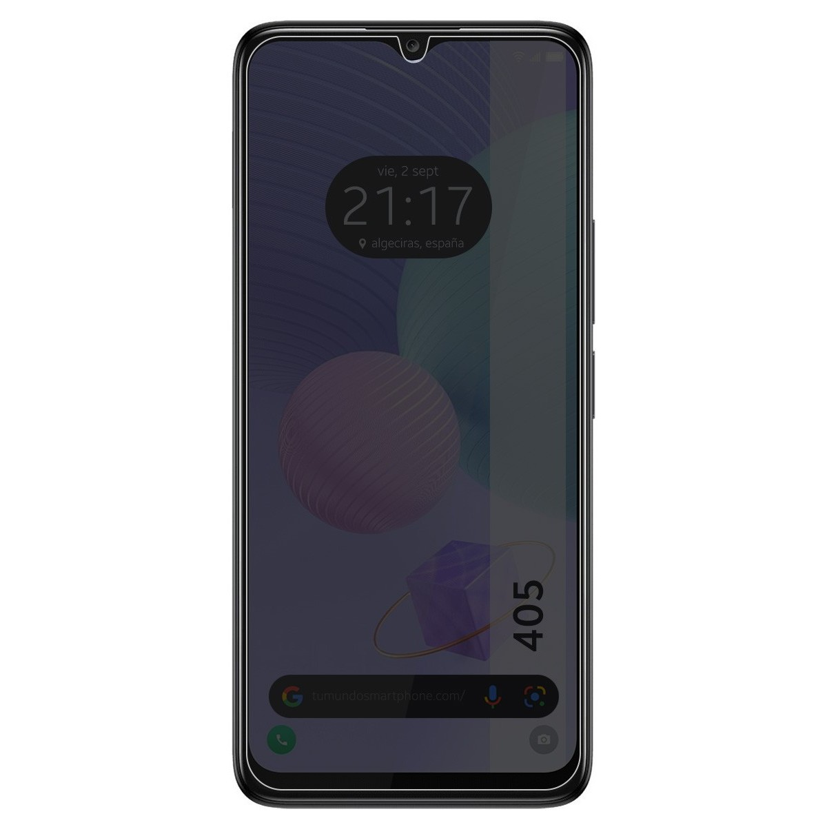 Telefono con schermo acceso. L'ora è 21:17. Forme astratte sullo schermo. Il modello del telefono è 405.