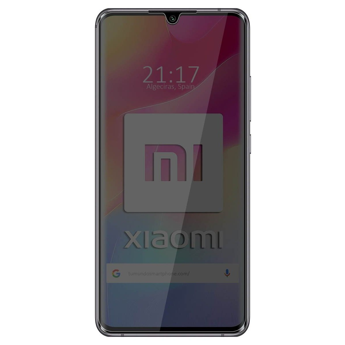 Un smartphone con el logotipo gris de Xiaomi y una barra de búsqueda. El teléfono tiene un fondo oscuro.