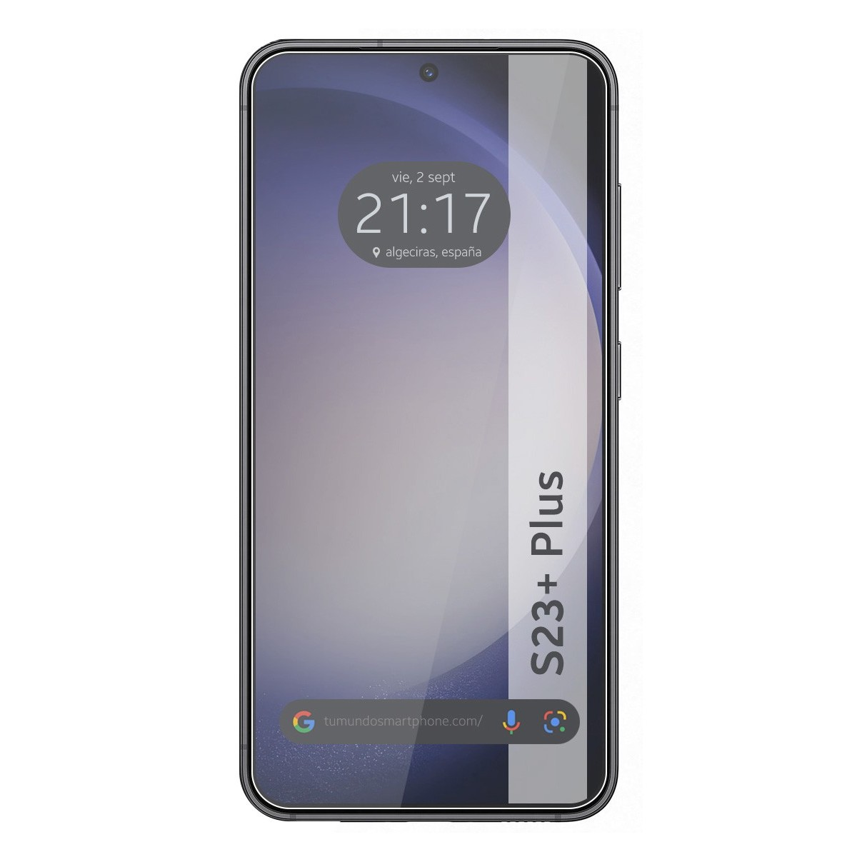 Pantalla de teléfono con 21:17, Algeciras, España, y el modelo S23+ Plus.