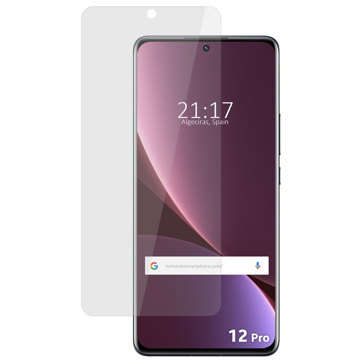Smartphone con protezione schermo. Lo schermo mostra ora, data, posizione e il testo 12 Pro.