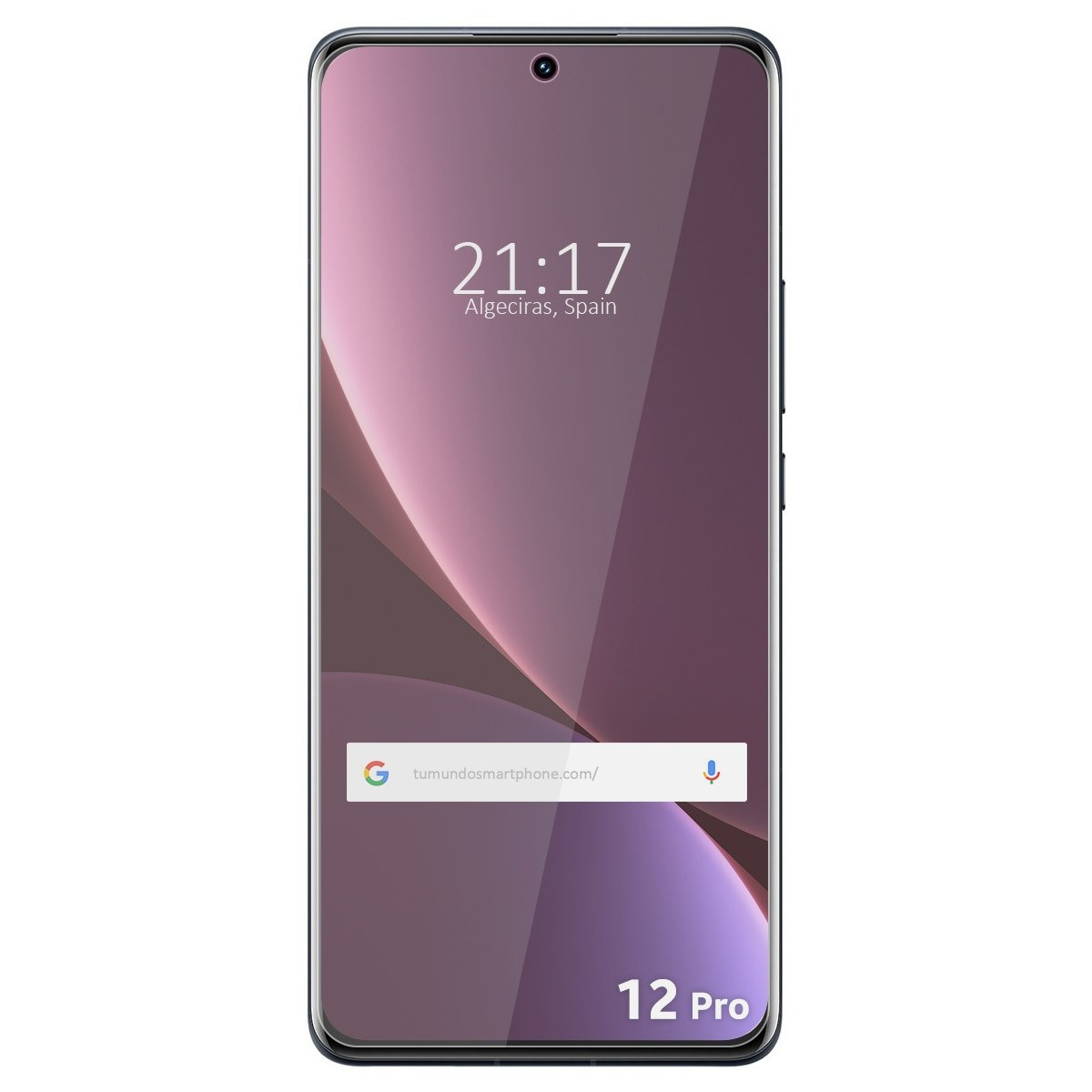 Telefono 12 Pro che mostra l'ora 21:17, Algeciras, Spagna. La barra di ricerca di Google è visibile.