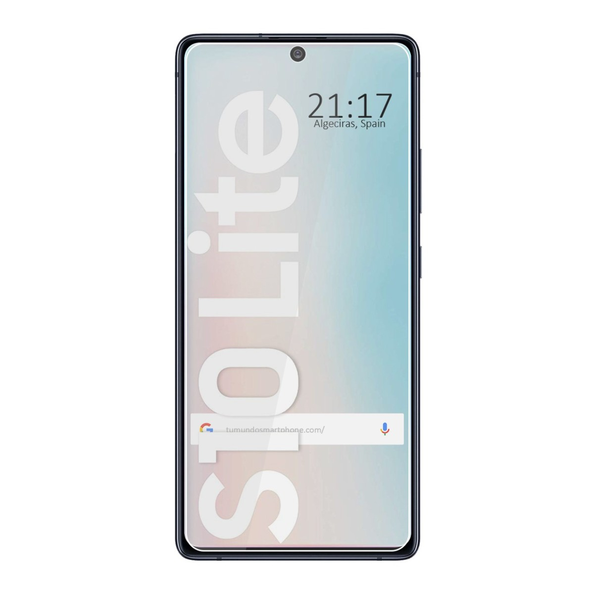 Telefono con schermo. Ora: 21:17. Modello: Splite. Sfondo bianco sfocato.