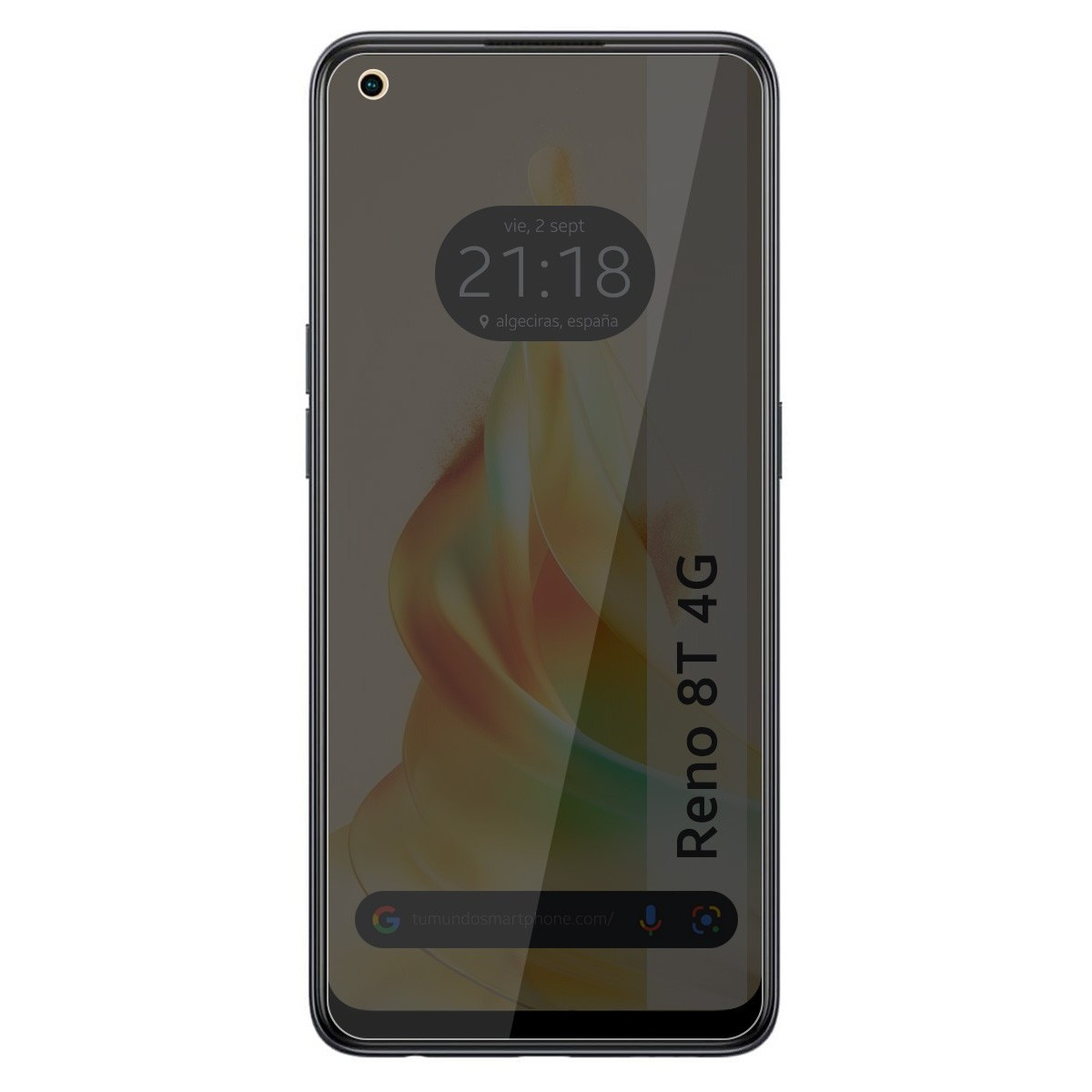 Telefono Reno 8T 4G con protezione schermo; lo schermo mostra l'ora e un design marrone.