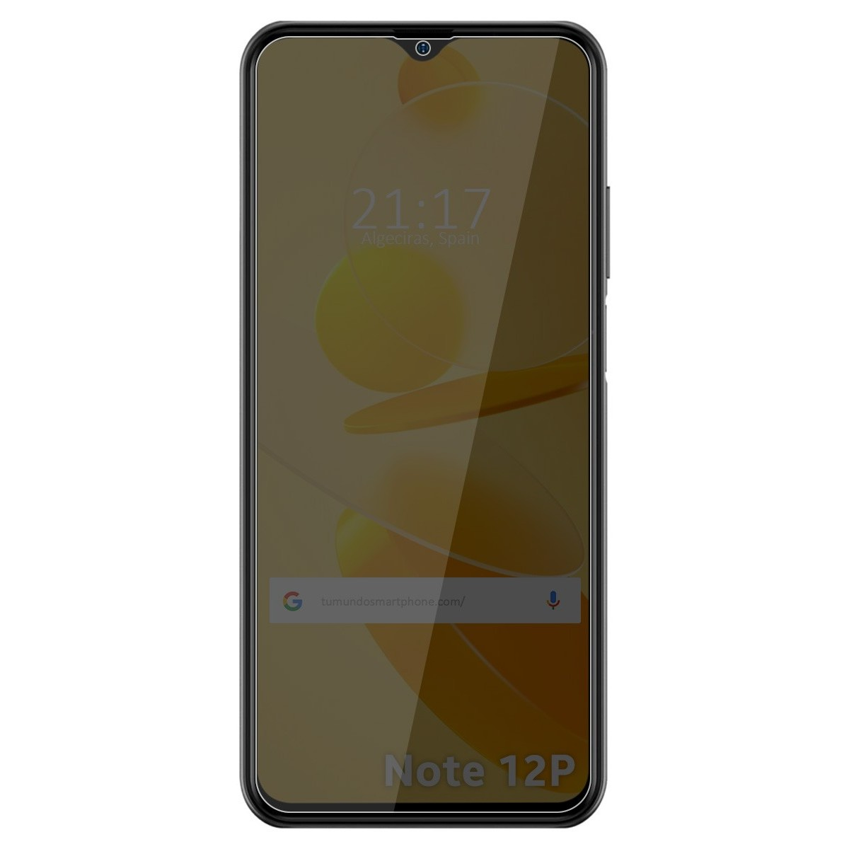 Pantalla de smartphone mostrando hora y ciudad. El modelo es Note 12P.