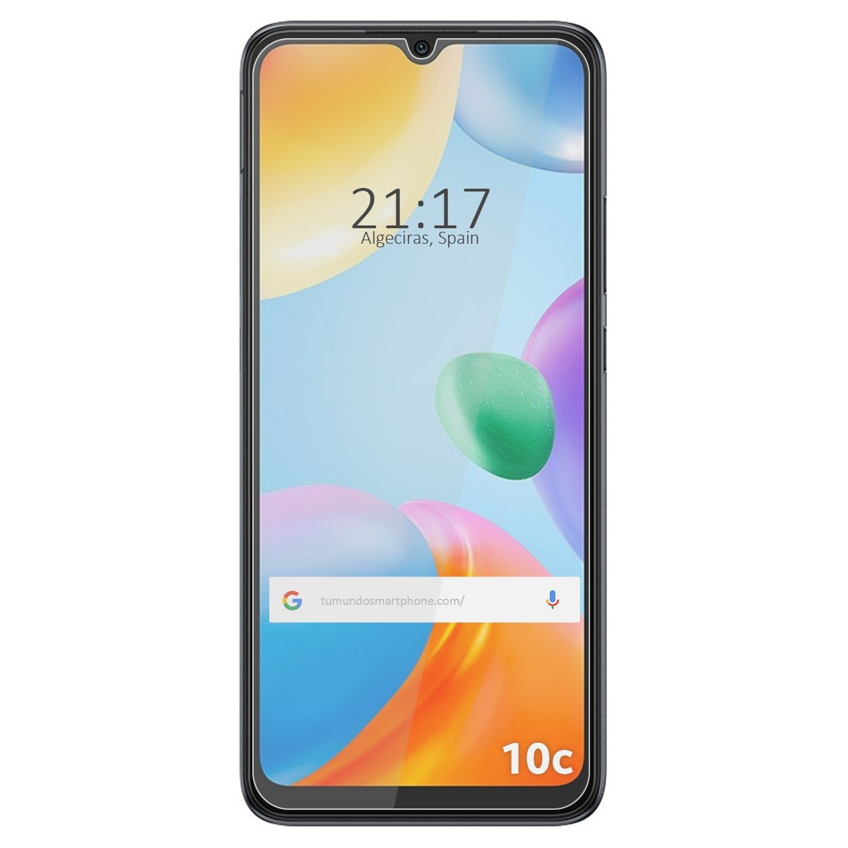 Smartphone con schermo che mostra ora, data e barra di ricerca Google. Forme astratte colorate.