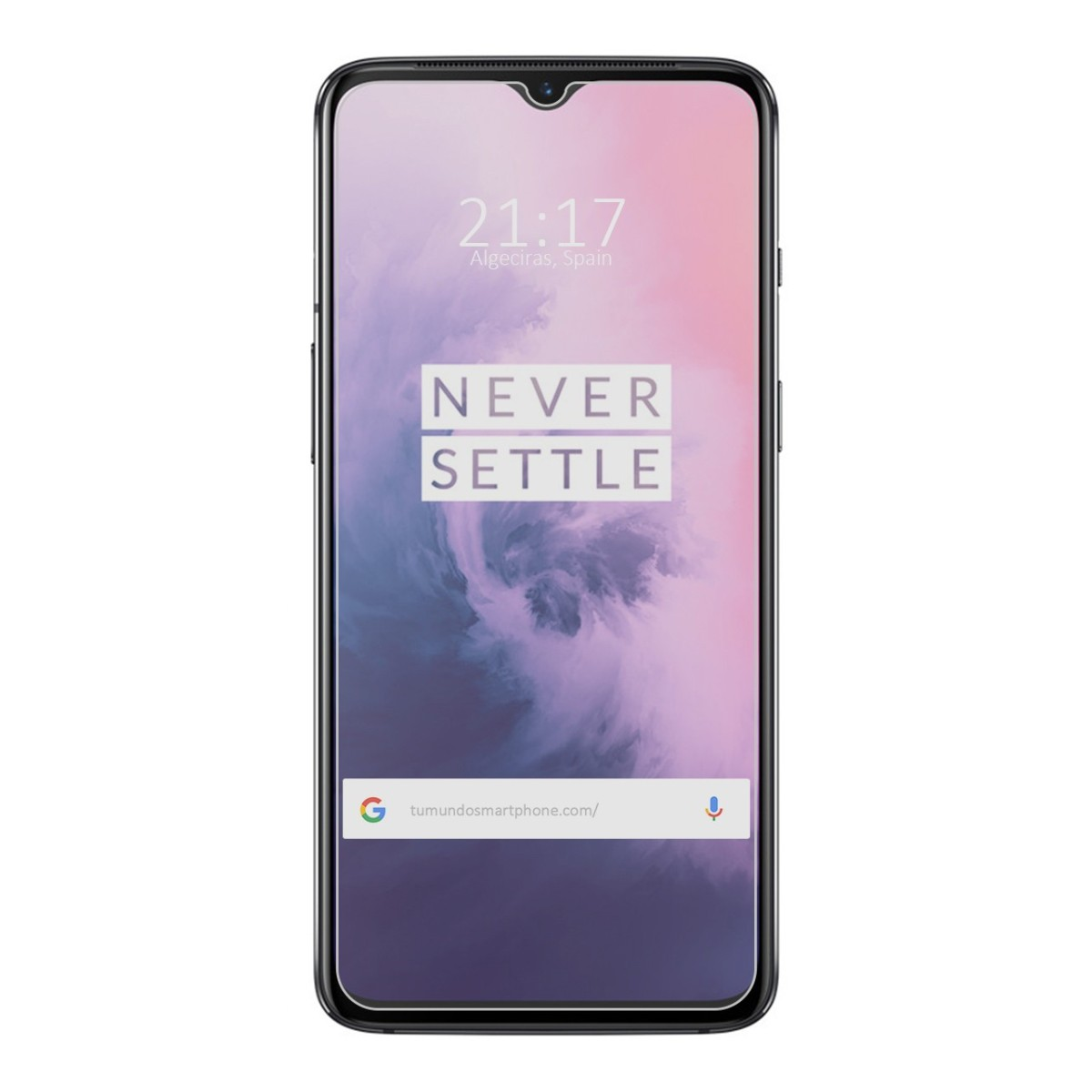 Teléfono OnePlus con la hora mostrada y el texto 'NEVER SETTLE' en la pantalla.