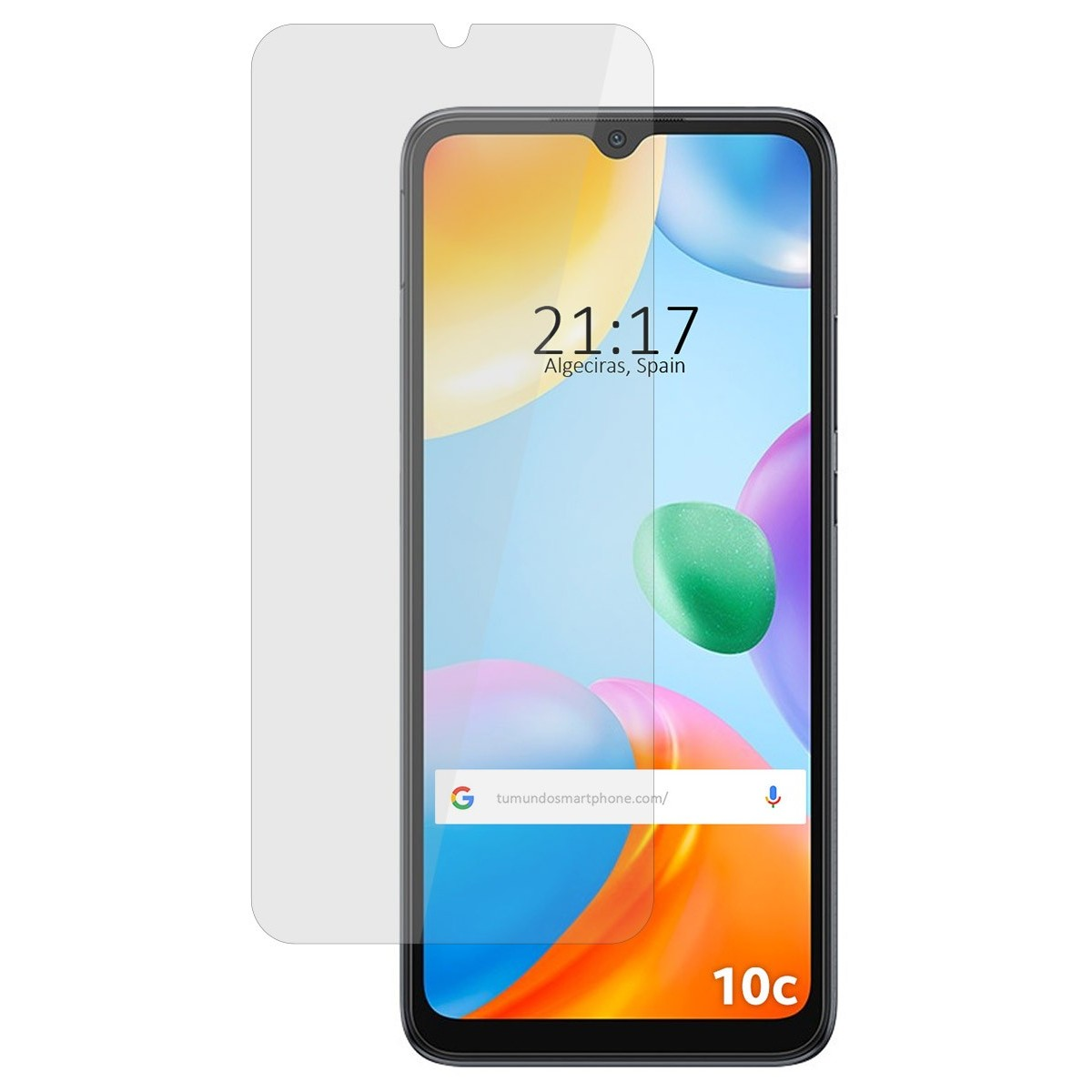 Uno smartphone con protezione schermo mostra ora, luogo e sfondo colorato.