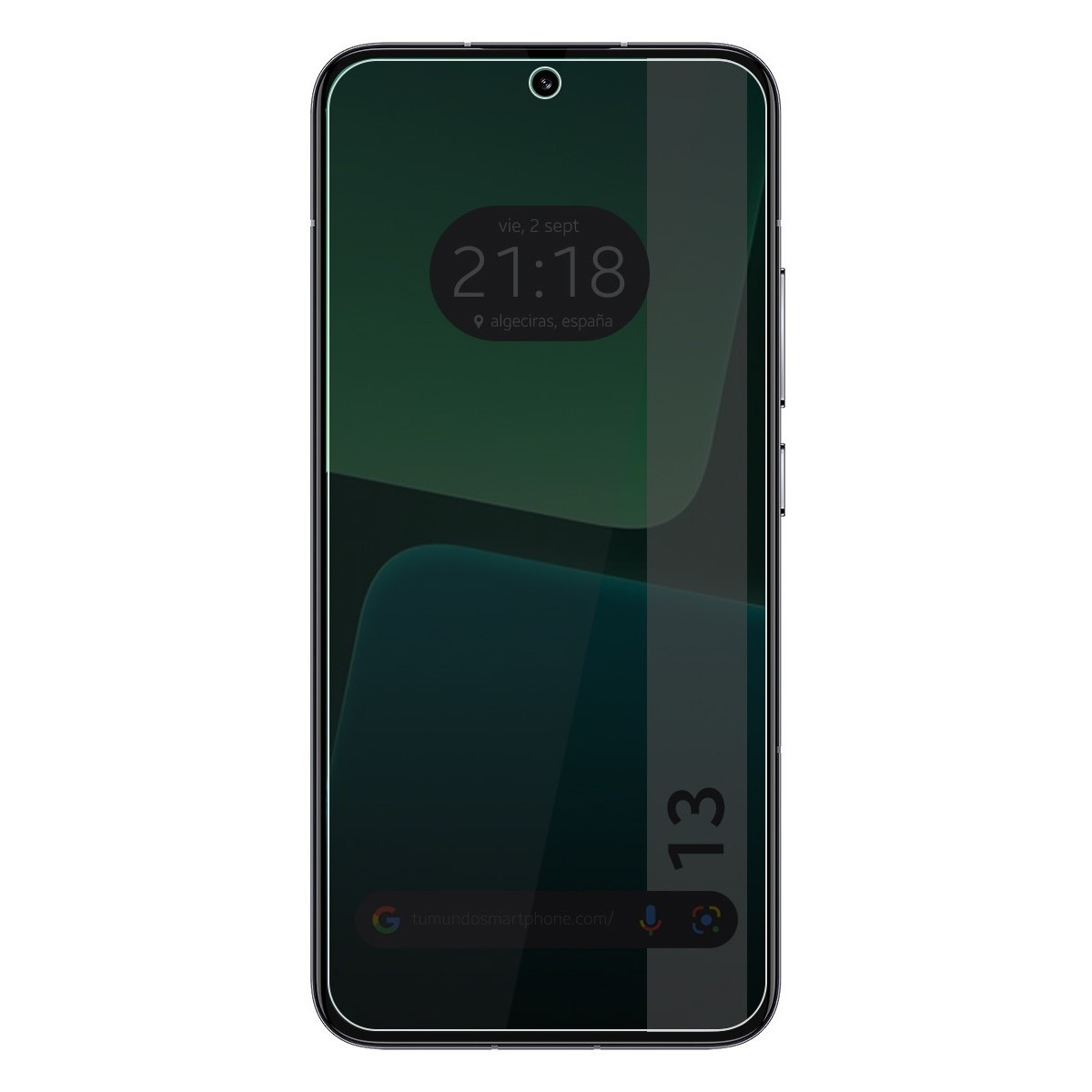 Schermo nero del telefono con ora. Forme verdi e blu. Sfondo bianco.