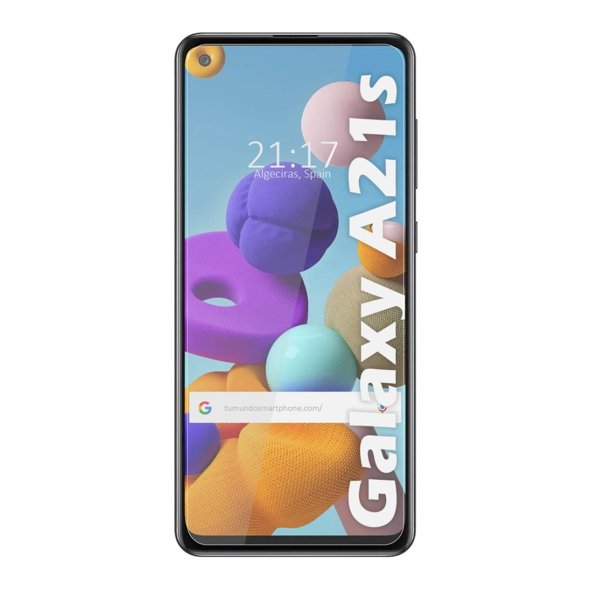 Telefono Galaxy A21s con schermo. Lo schermo mostra ora, posizione e barra di ricerca.
