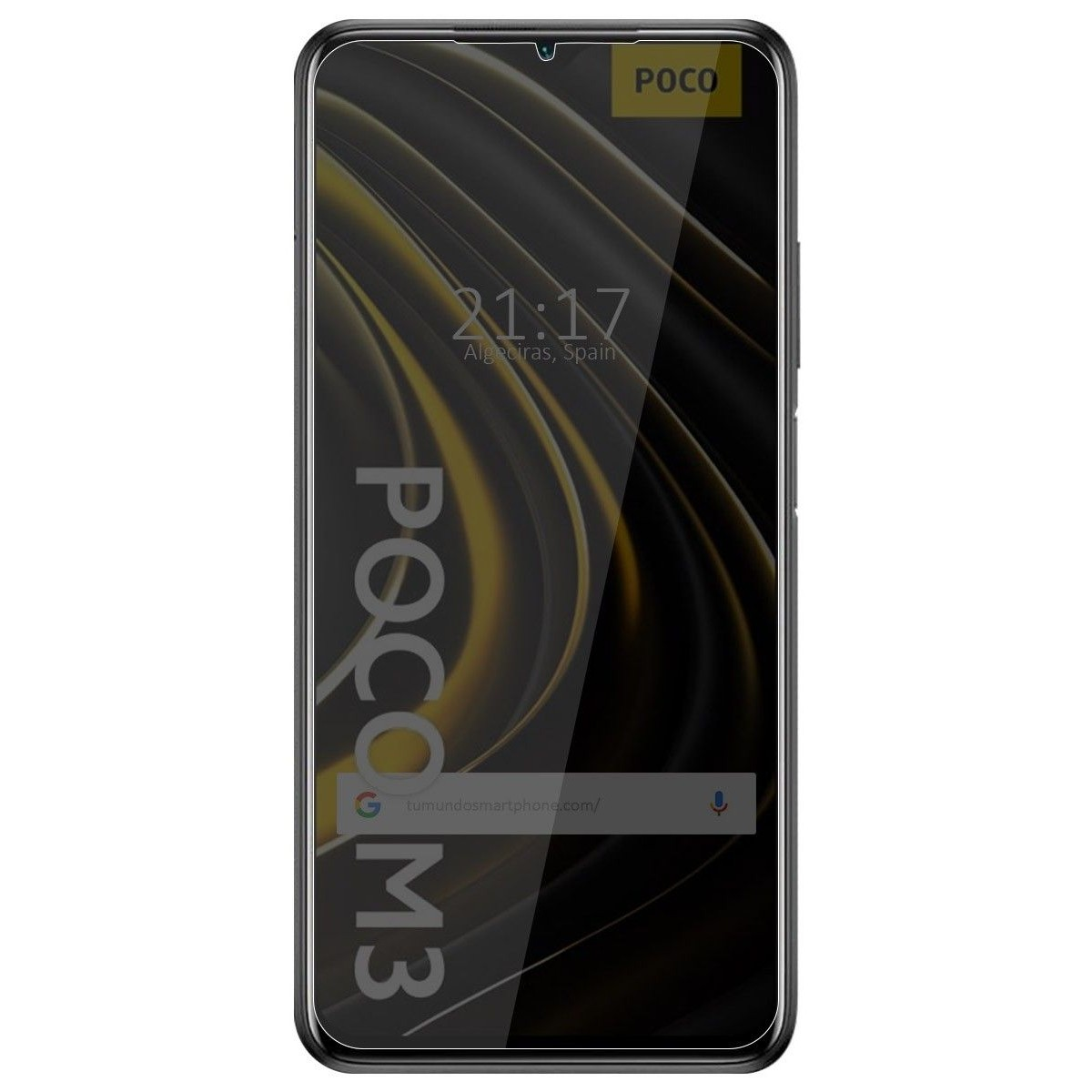 Schermo di smartphone nero che mostra l'ora e la barra di ricerca con Poco M3 scritto sopra.