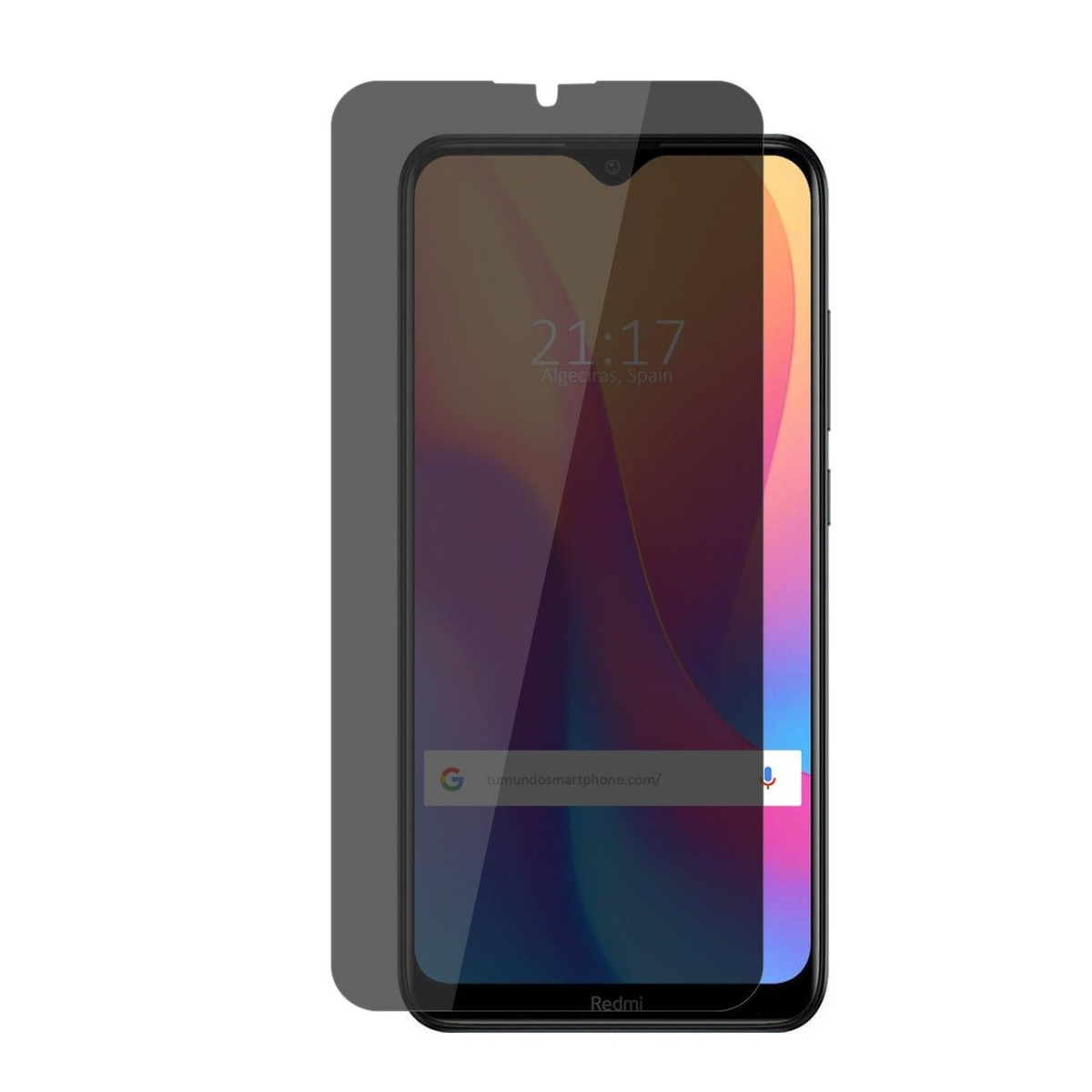 Smartphone con protezione schermo. L'ora visualizzata è 21:17. Barra di ricerca Google presente. Logo Redmi in basso.