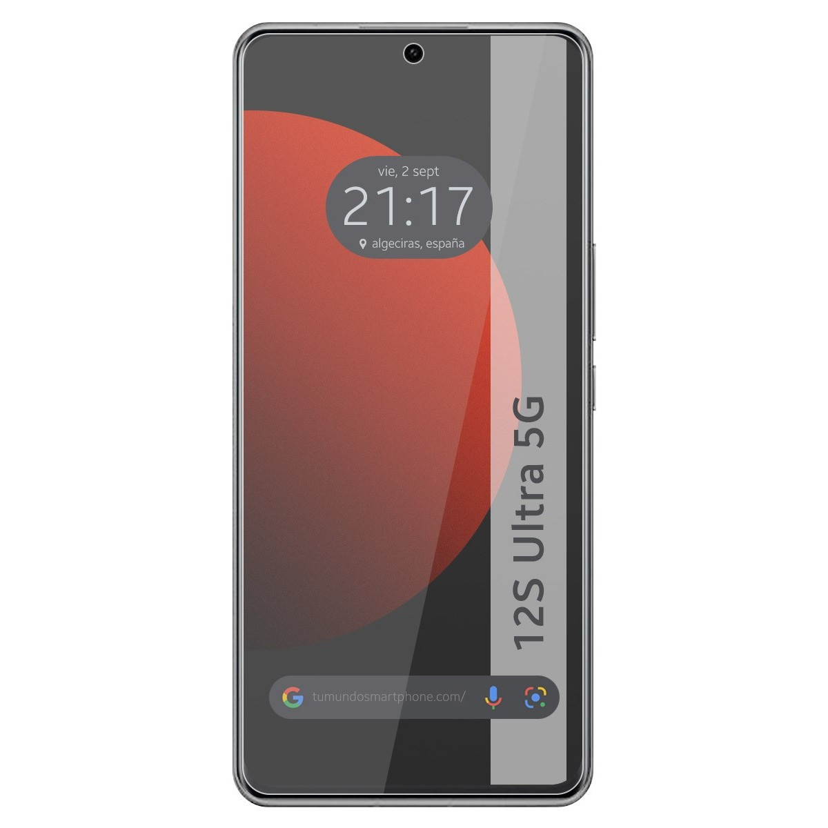 Smartphone nero con ora, posizione e barra di ricerca Google. 12S Ultra 5G è stampato. Design rosso e grigio.