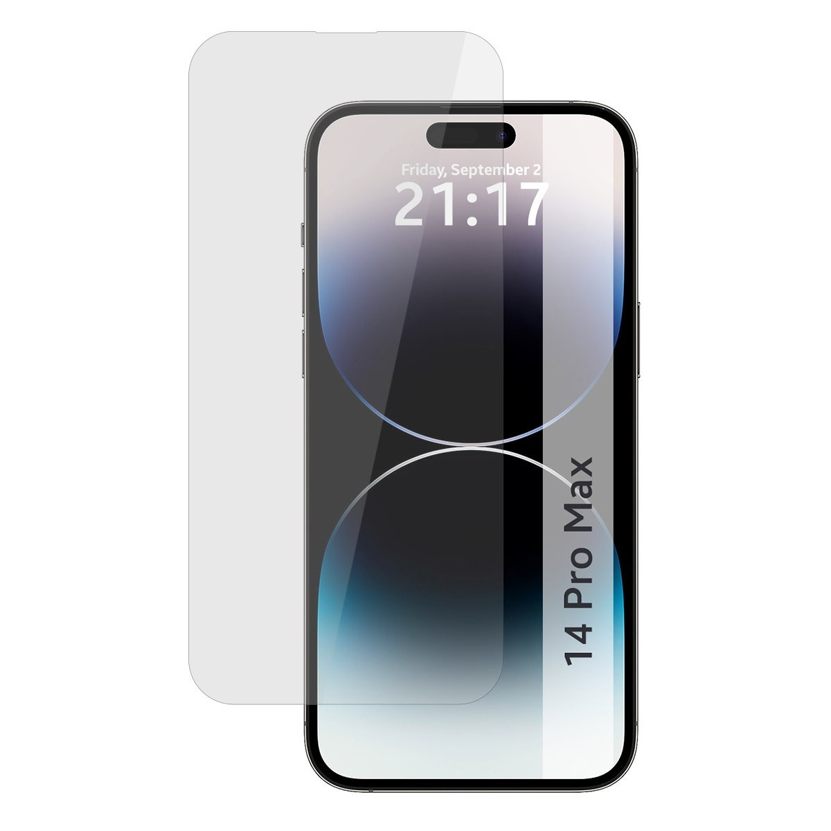 Pantalla de smartphone con hora, fecha y nombre del modelo '14 Pro Max'.