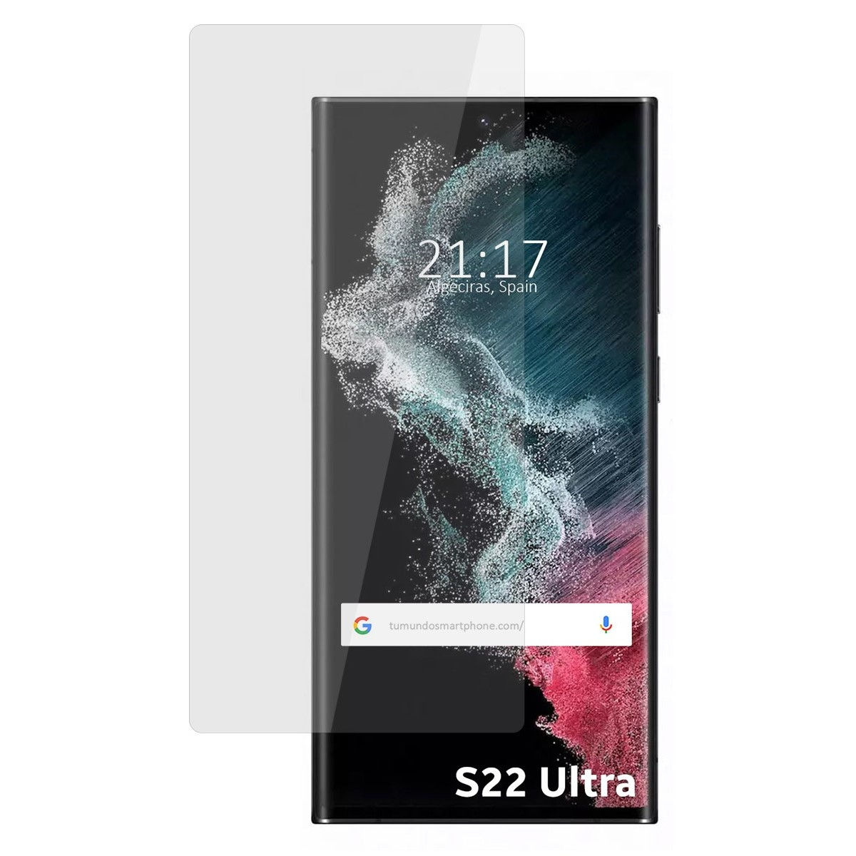 Telefono S22 Ultra con protezione schermo. L'ora è 21:17. Lo schermo mostra uno sfondo colorato.