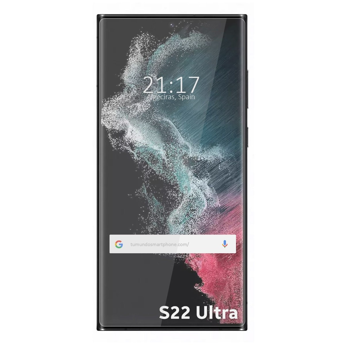 Un telefono nero S22 Ultra mostra un sito web e le 21:17 su sfondo bianco.