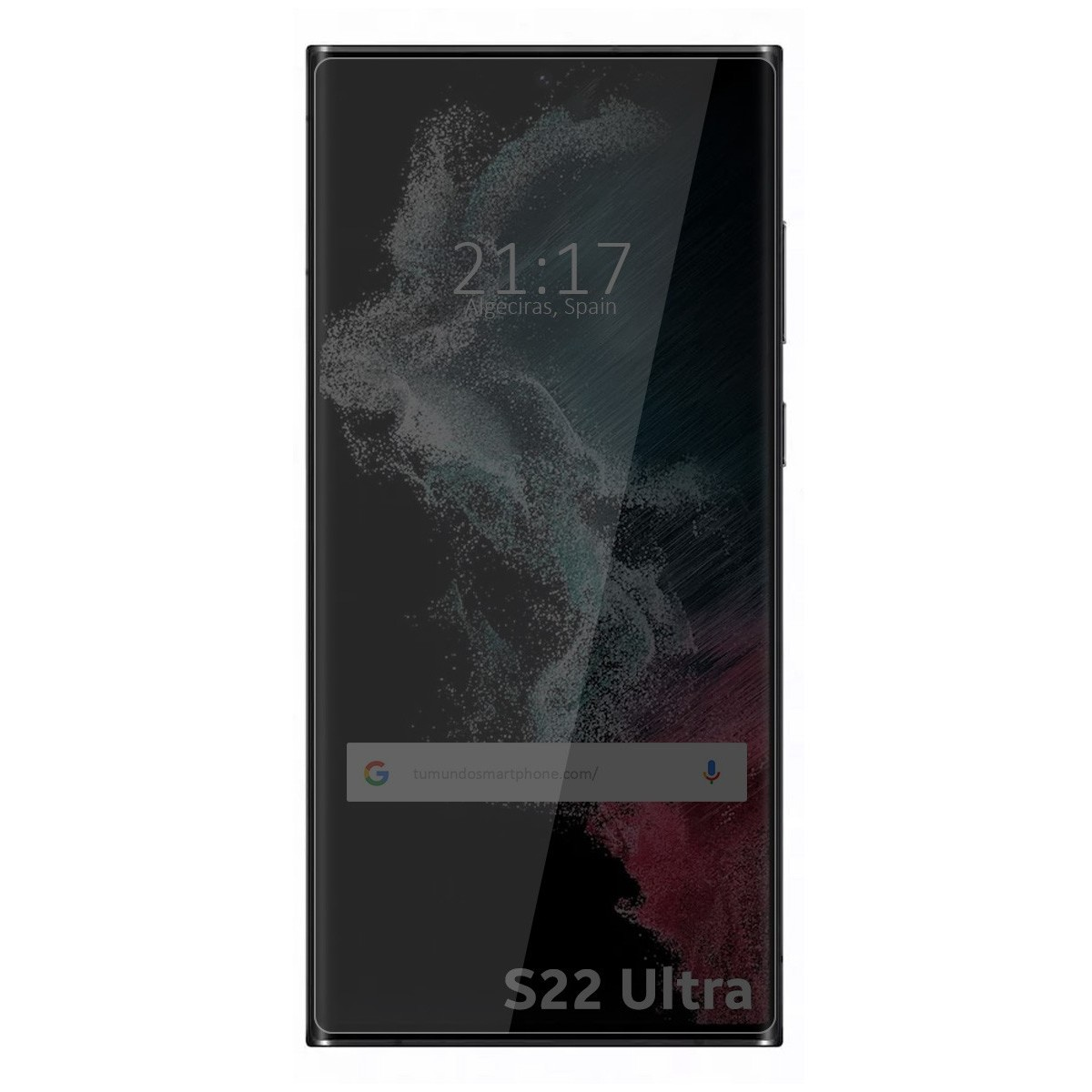 Telefono Samsung S22 Ultra con schermo nero, mostra ora e barra di ricerca Google, sfondo bianco.
