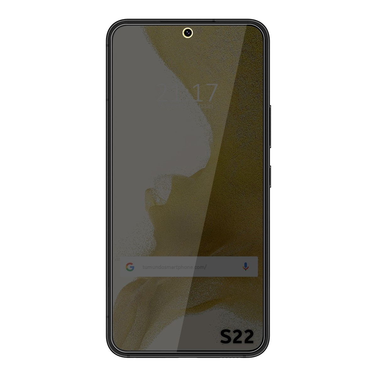 Uno smartphone nero con protezione schermo. Lo schermo mostra l'ora e un indirizzo web.