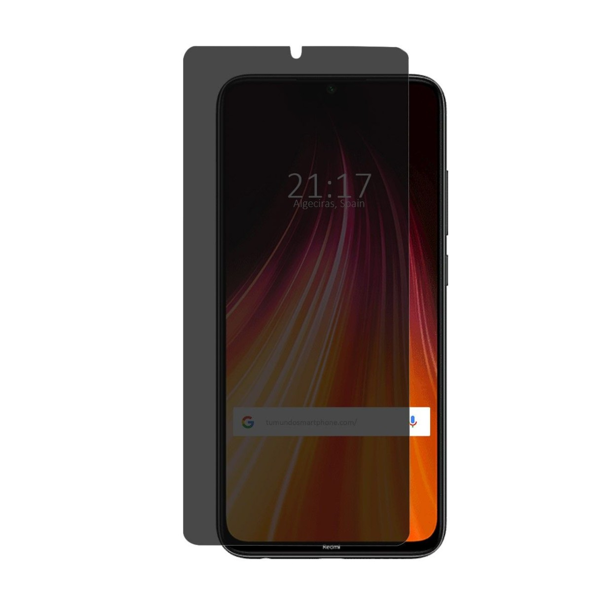 Telefono Xiaomi con protezione schermo, mostra ora e barra di ricerca, su sfondo nero.