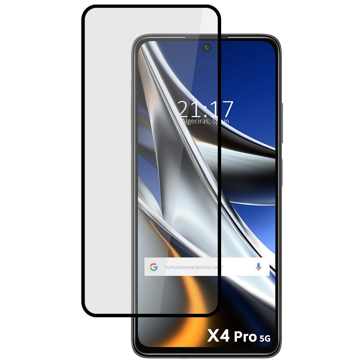 Uno smartphone con protezione schermo, che mostra l'ora e una barra di ricerca Google. Etichettato X4 Pro 5G.
