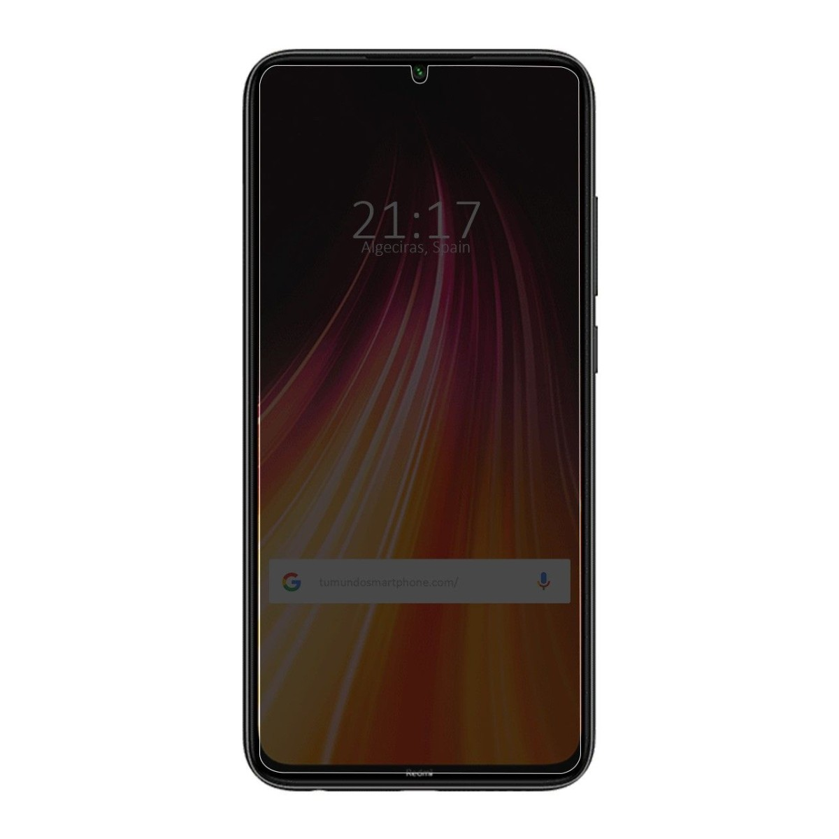 Un telefono con protezione schermo. Lo schermo mostra 21:17. Lo sfondo è scuro e sfocato.