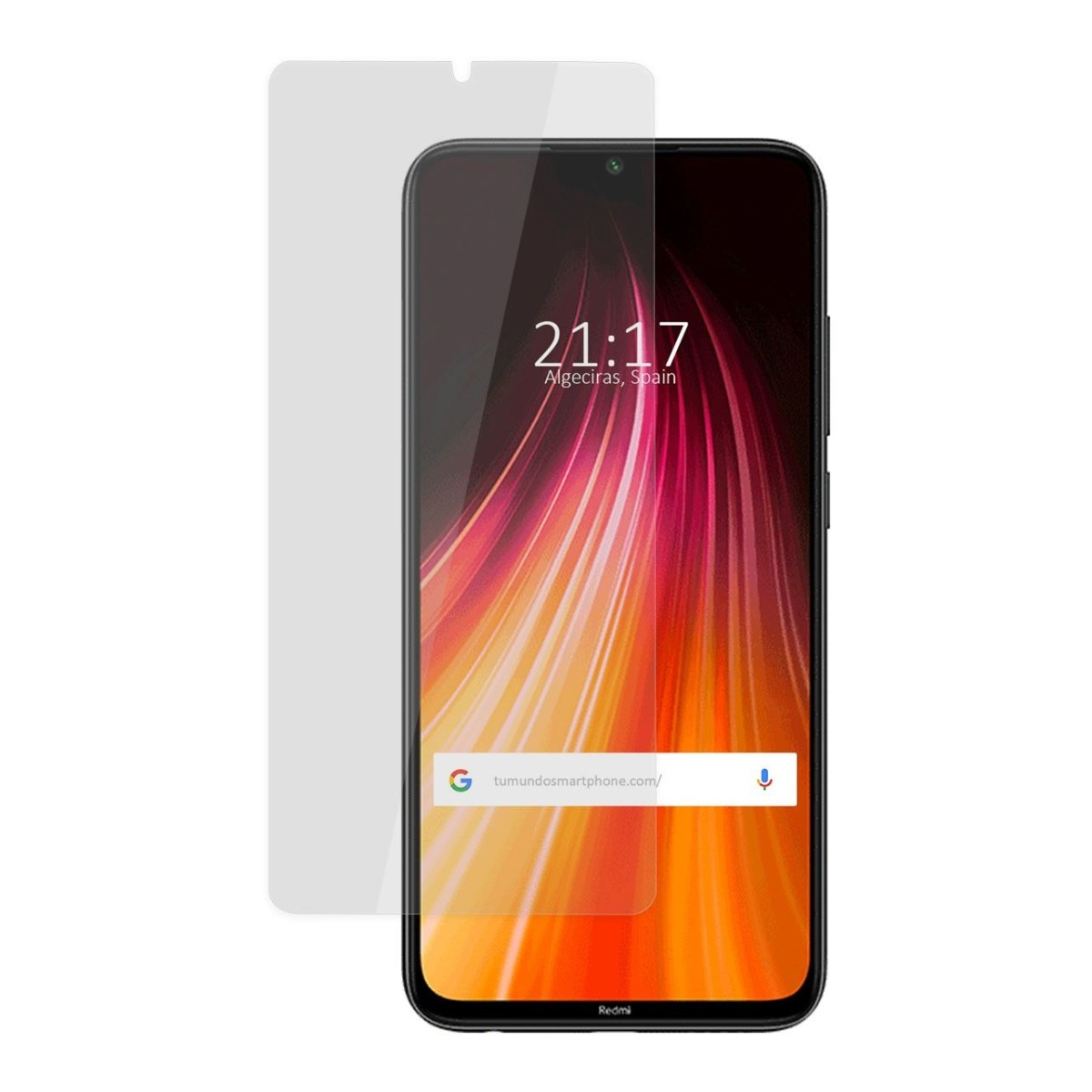 Telefono Redmi con protezione schermo. Il telefono mostra l'ora e l'indirizzo del sito web.