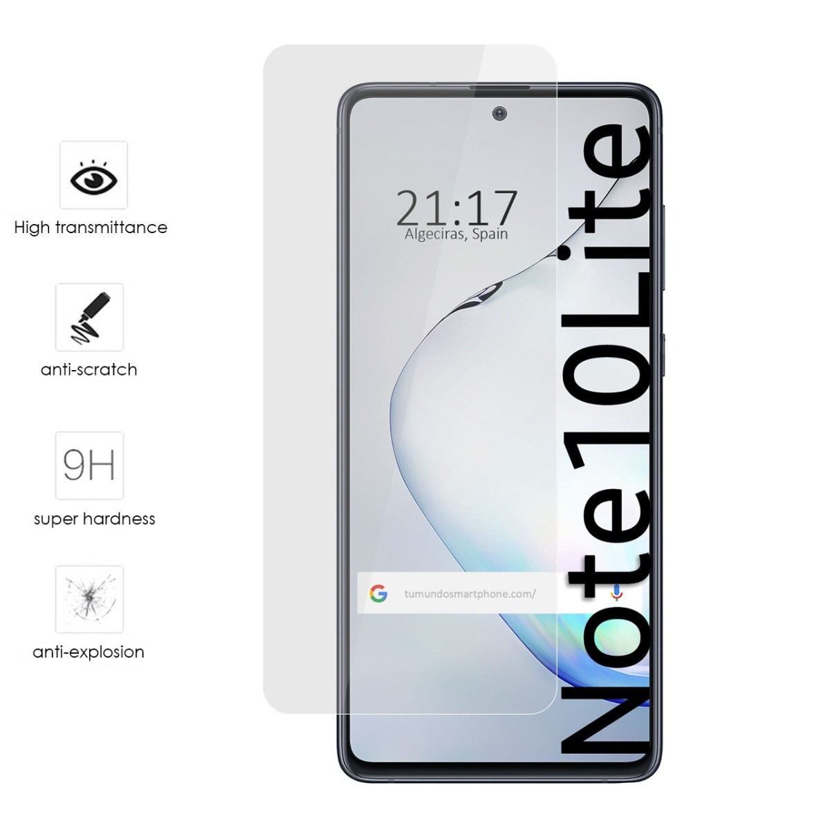Pellicola protettiva per schermo del telefono con telefono dietro. L'ora è 21:17. Testo sul telefono: Note10 Lite.