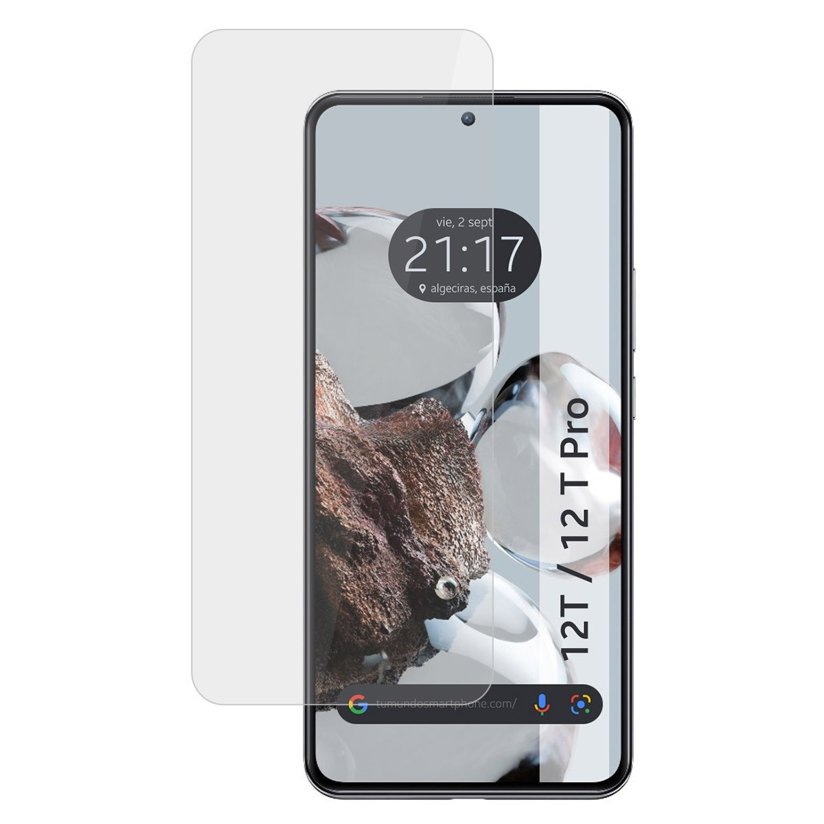 Smartphone con protezione schermo. Lo schermo mostra l'ora e una barra di ricerca con 12T / 12 T Pro.