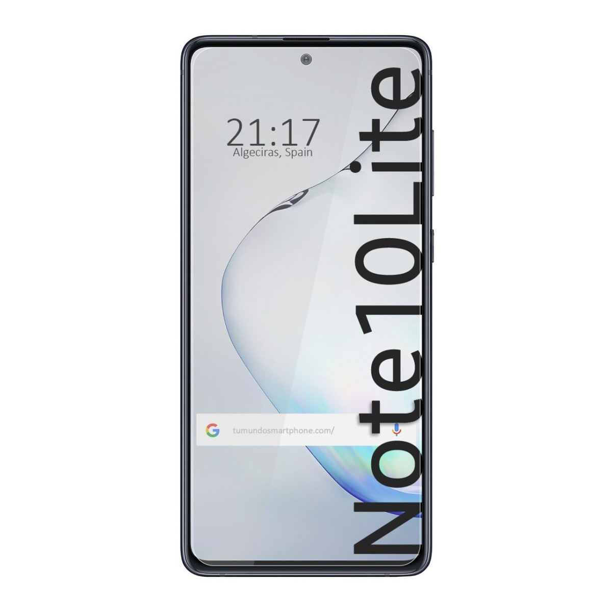 Smartphone con schermo che mostra ora e luogo, Algeciras, Spagna, e barra ricerca con testo Note 10 Lite.