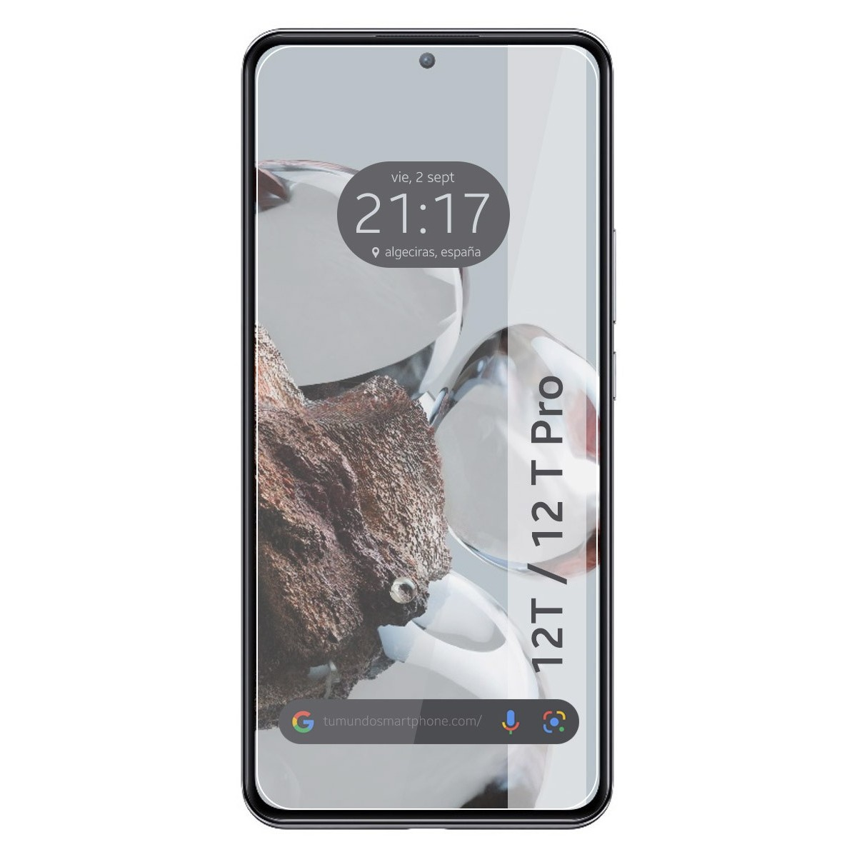 Telefono 12T/12T Pro con protezione schermo. Mostra ora e posizione. La protezione è sullo schermo.